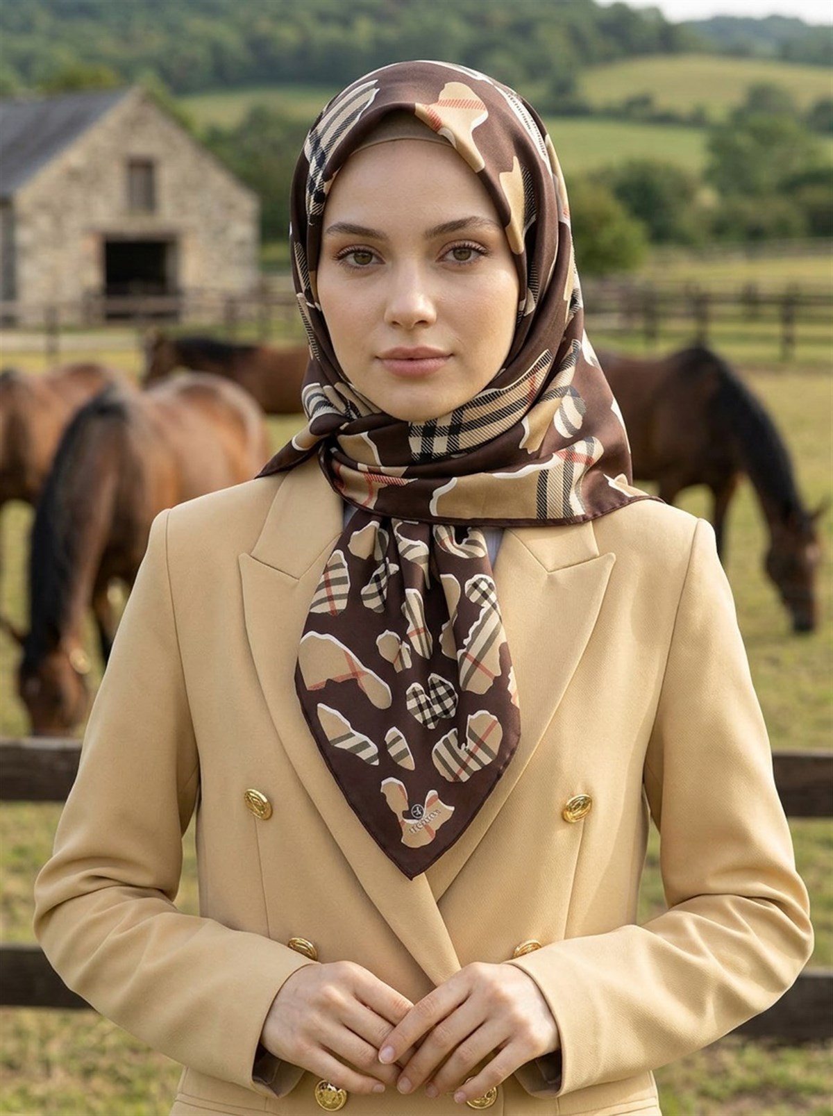 %100 Twill İpek Leopar Desenli Kahverengi - Bej Renkli 90x90 Eşarp Dikim Şekli : El Dikişi