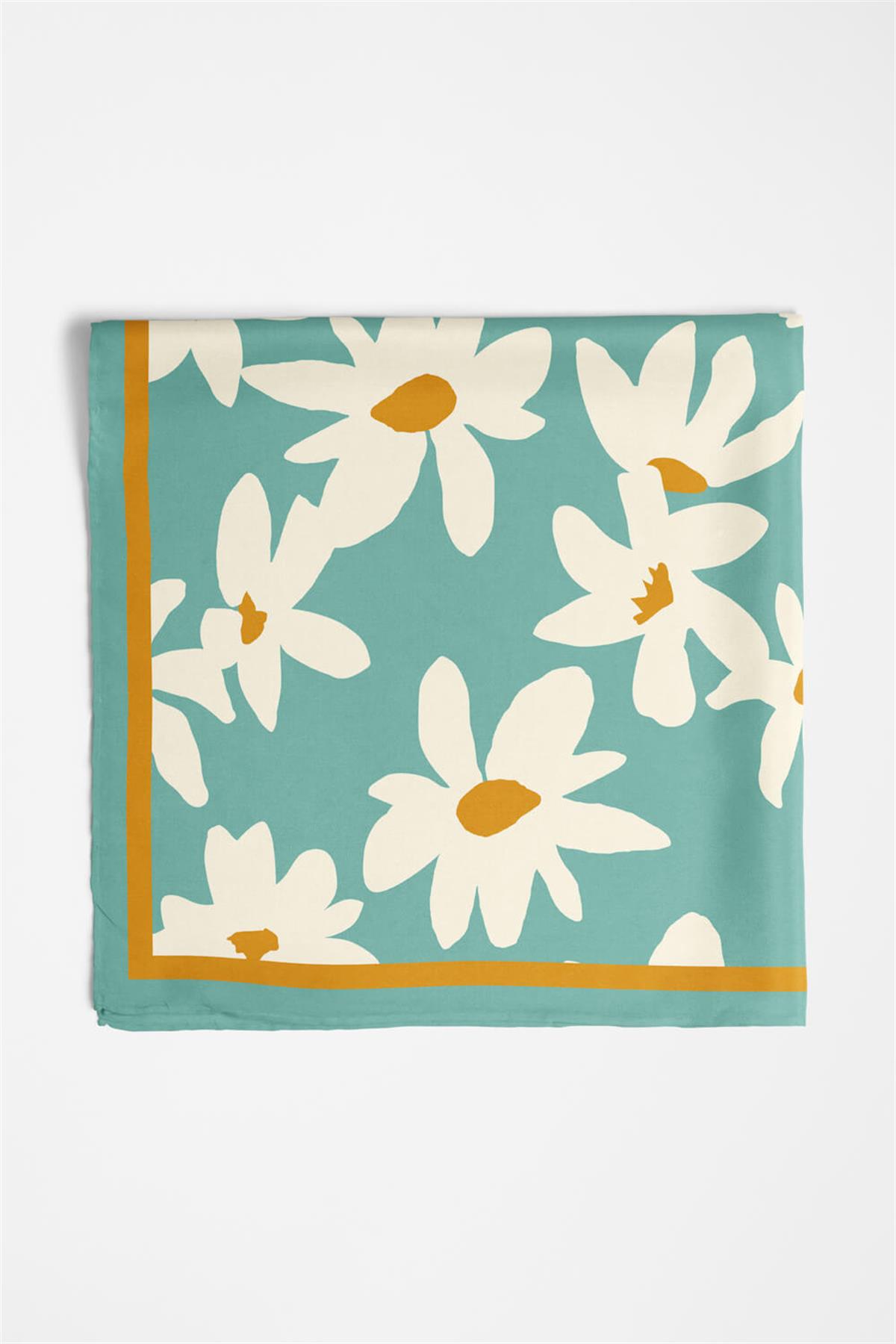 Vissona Papatya Desenli %100 İpek Bandana 55x55