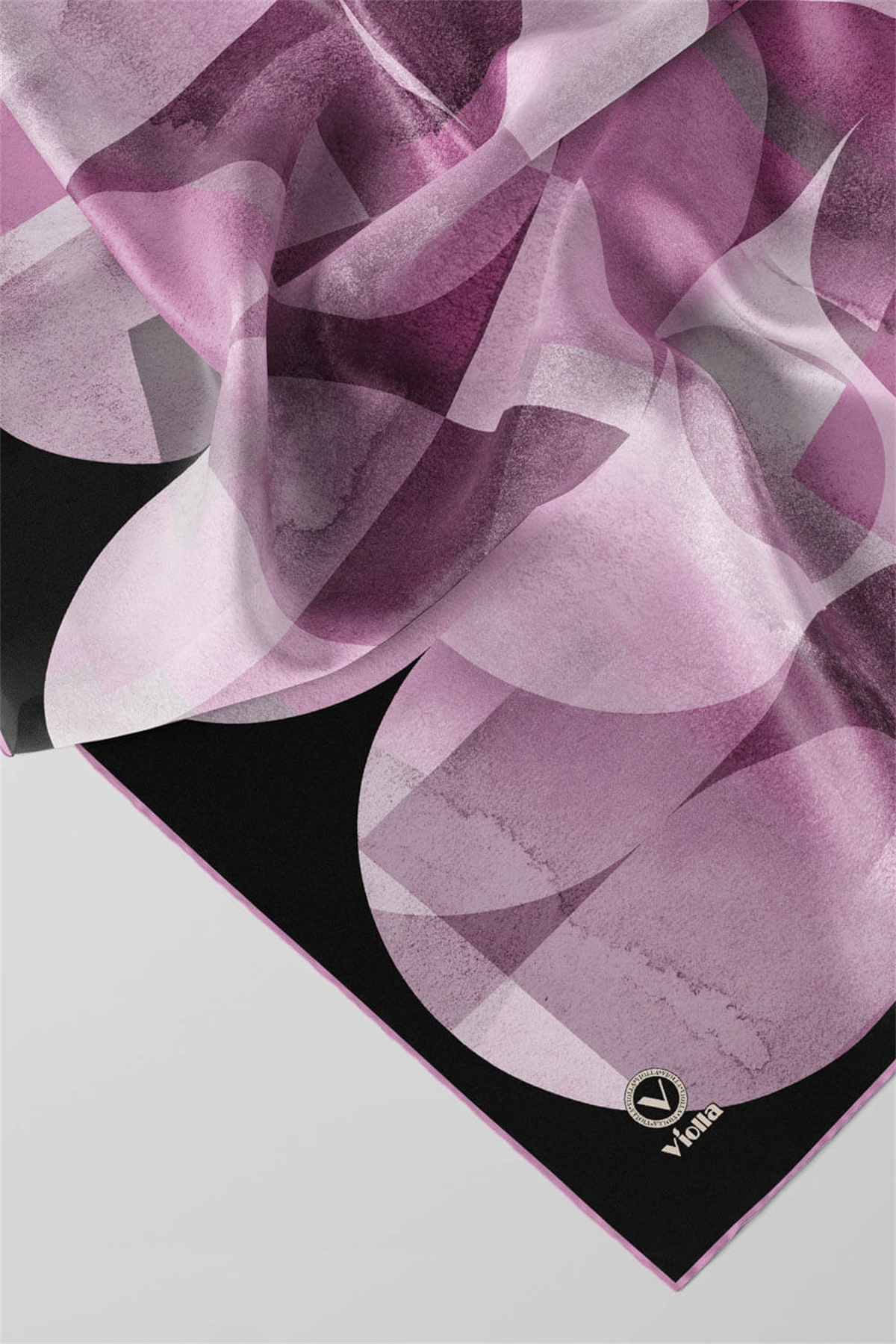 Twill Geometrik Desenli Lila Renkli 90x90 Eşarp (İpek İçermez)Kenar Dikiş Şekli El Dikişli