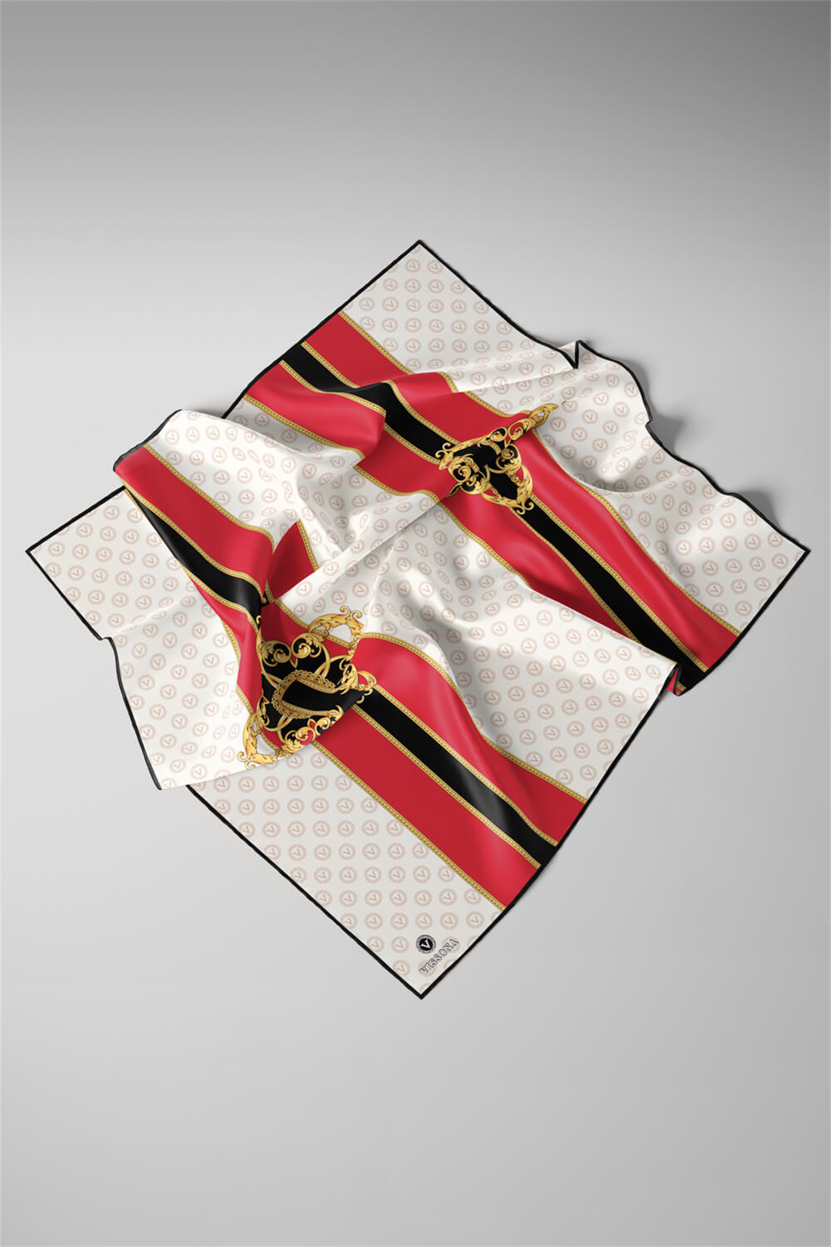 %100 Twill İpek Monogramlı Ve Barok Desenli Kırmızı - Krem Renkli 90x90 Eşarp Dikim Şekli : El Dikişi