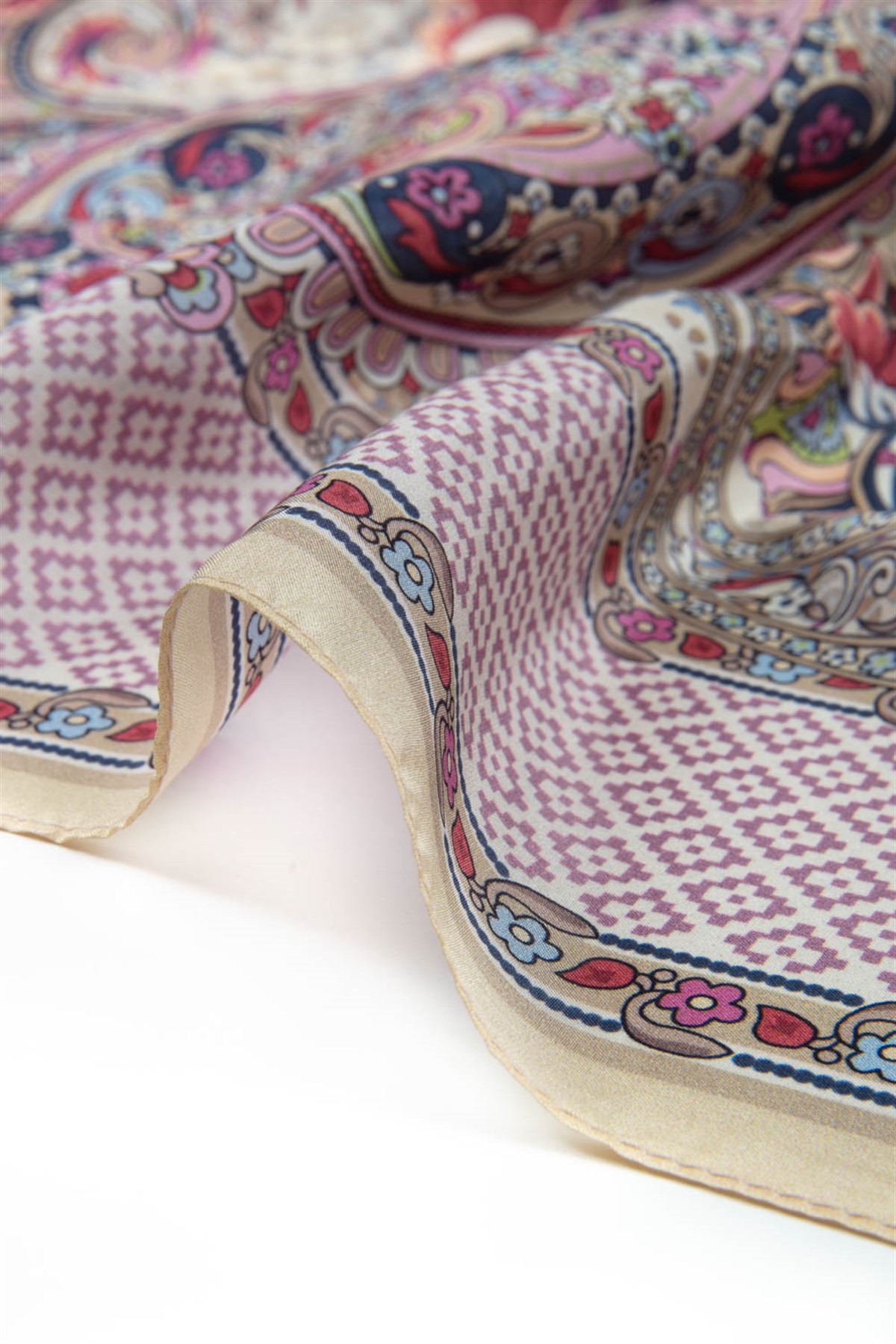 %100 İPEK ETRO DESENLİ BEJ - MÜRDÜM RENKLİ ŞAL