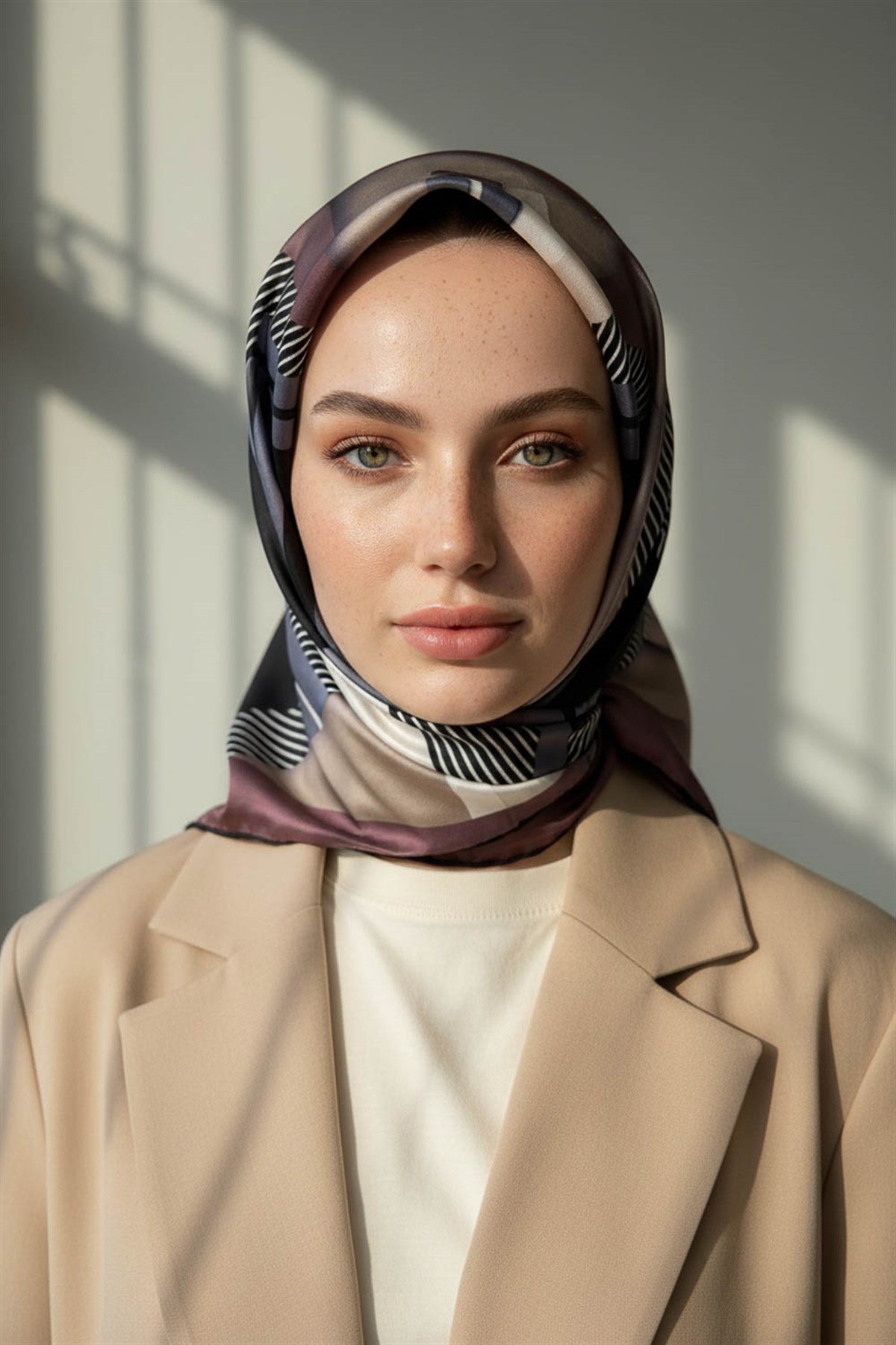 %100 Twill İpek Zebra Desenli Bej - Pudra Renkli 90x90 Eşarp Dikim Şekli : El Dikişi