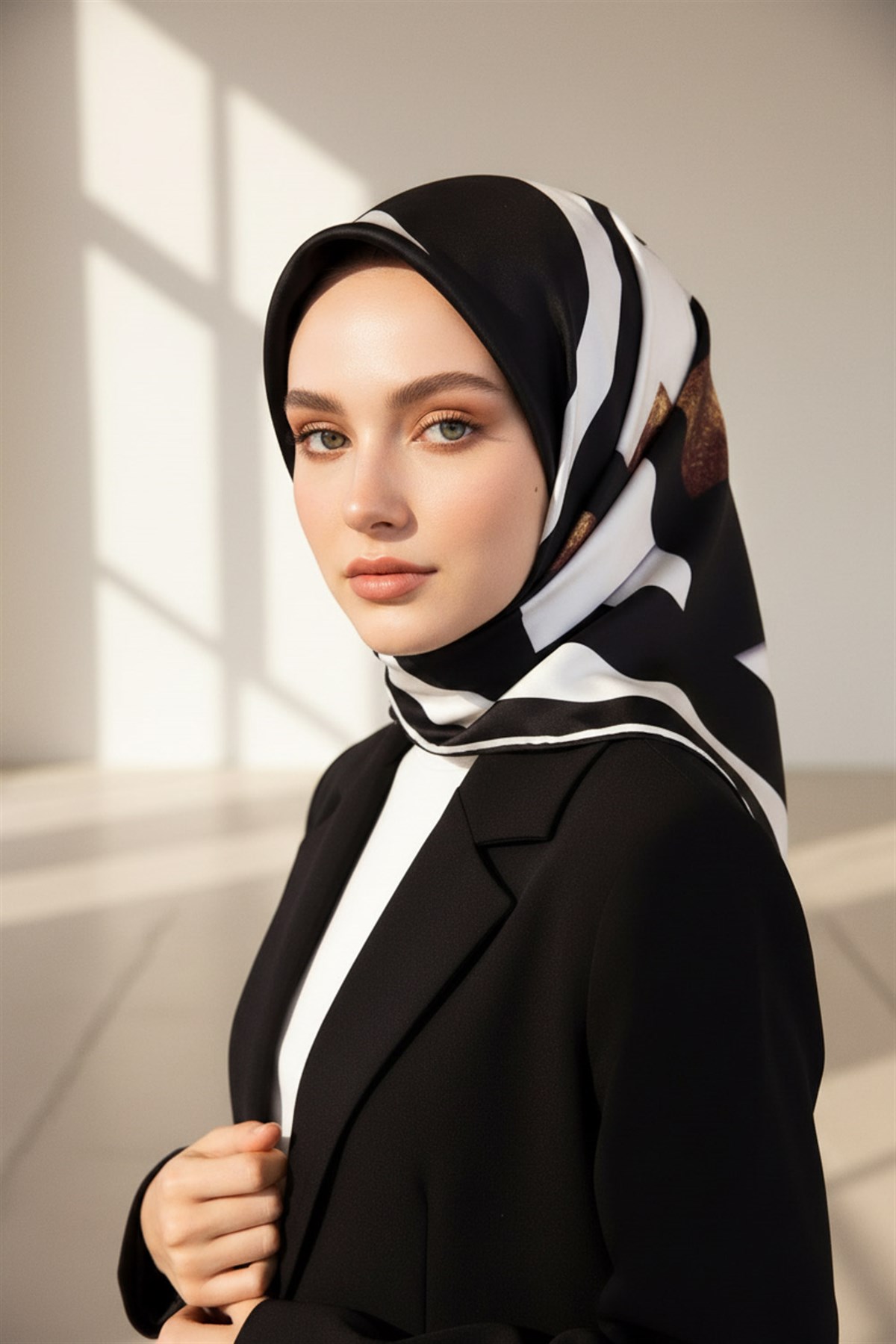 %100 Twill İpek Karo Desenli Siyah - Krem Renkli 90x90 Eşarp Dikim Şekli : El Dikişi