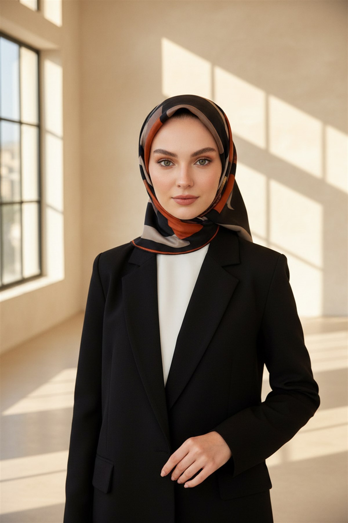 %100 Twill İpek Karo Desenli Bej - Taba Renkli 90x90 Eşarp Dikim Şekli : El Dikişi
