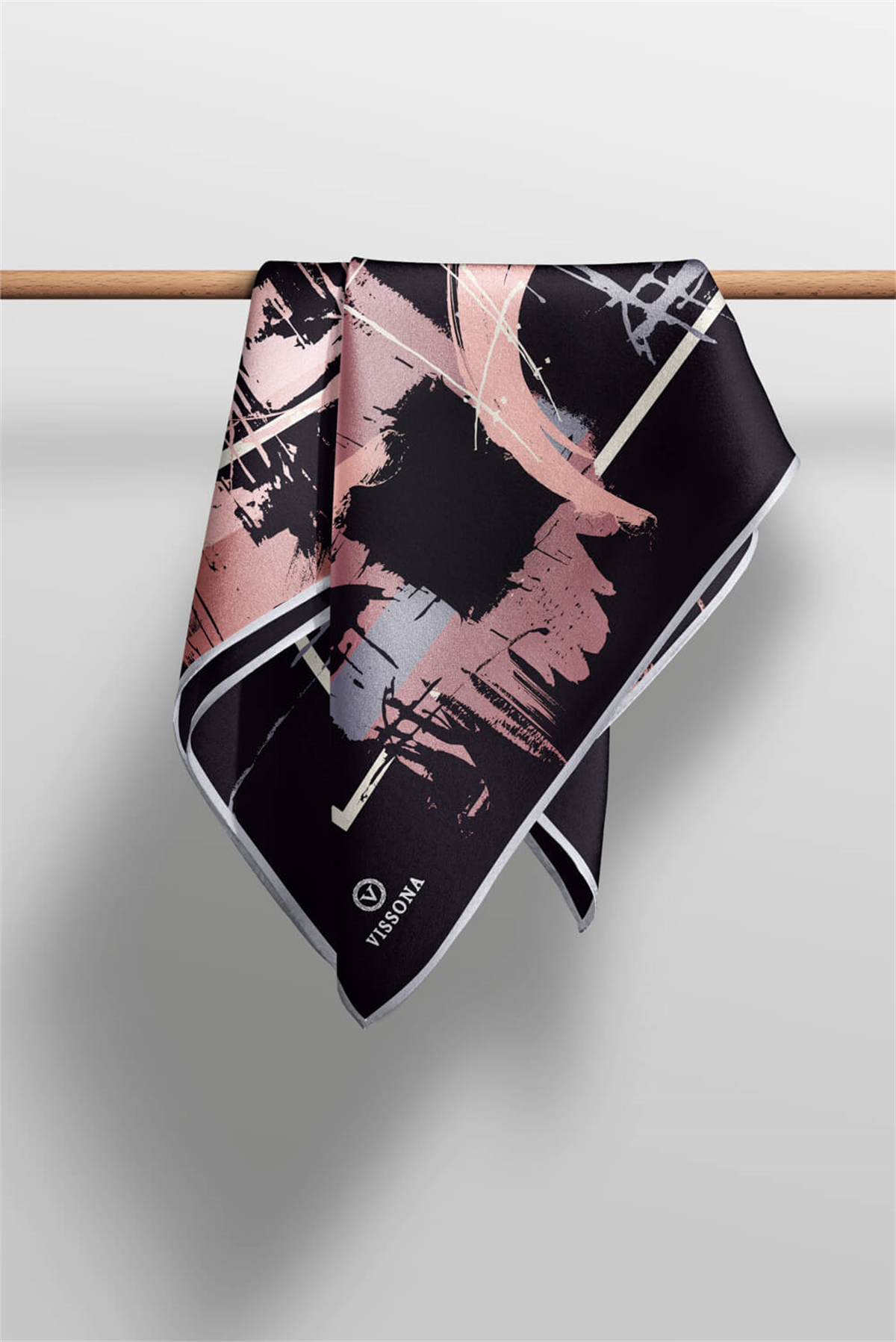 % 57 İPEK % 43 VİSKON Twill İpek Geometrik Desenli Siyah - Pudra Renkli 90x90 Eşarp Dikim Şekli : El Dikişi