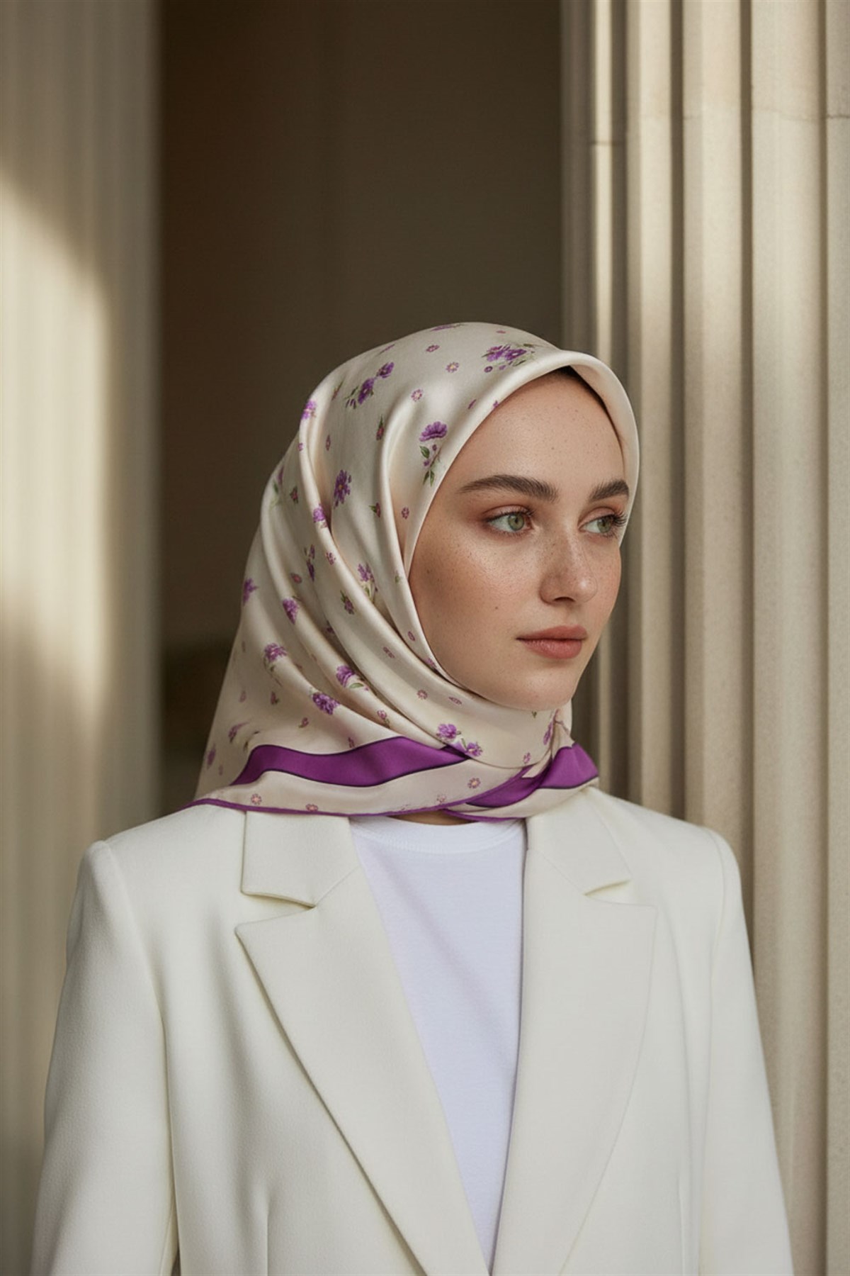 100% Twill İpek Bordürlü Çıtır Çiçek Desenli Mürdüm Renkli 90x90 Dikim Şekli : El Dikişi Eşarp