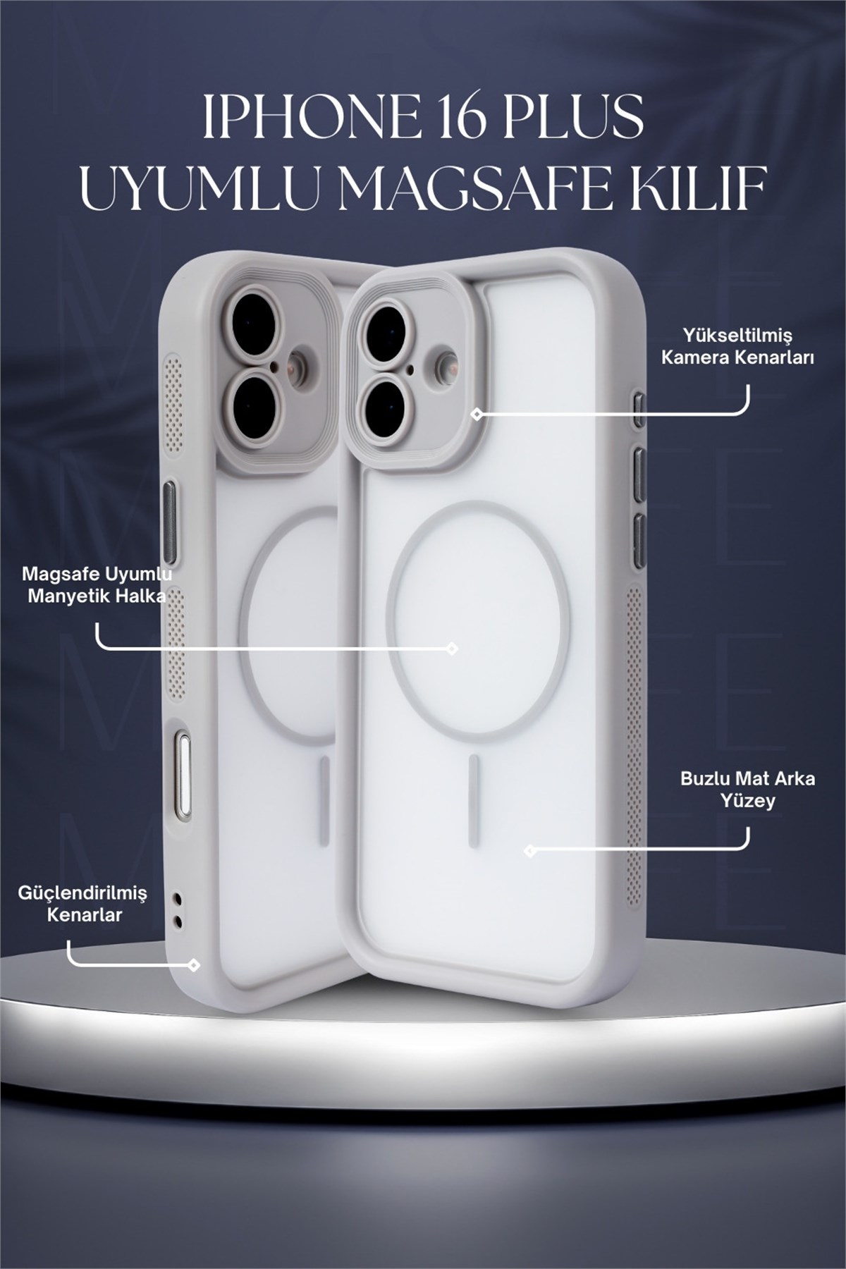 iPhone 16 Plus Kılıf – Kamera Korumalı – MagSafe Uyumlu – Gri Renk – Mat Silikon Telefon Kılıfı
