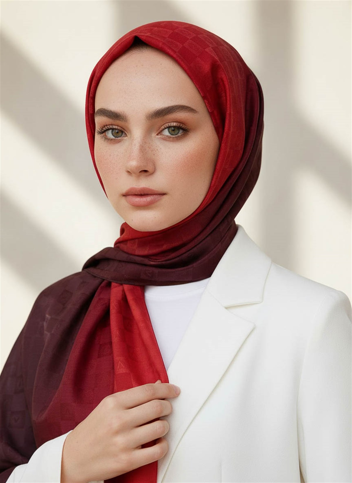 Vissona %57 İPEK %43 PAMUK Degrade Desenli Bordo Renkli Şal -  70x190 Dikiş Tipi İtalyan Dikişli