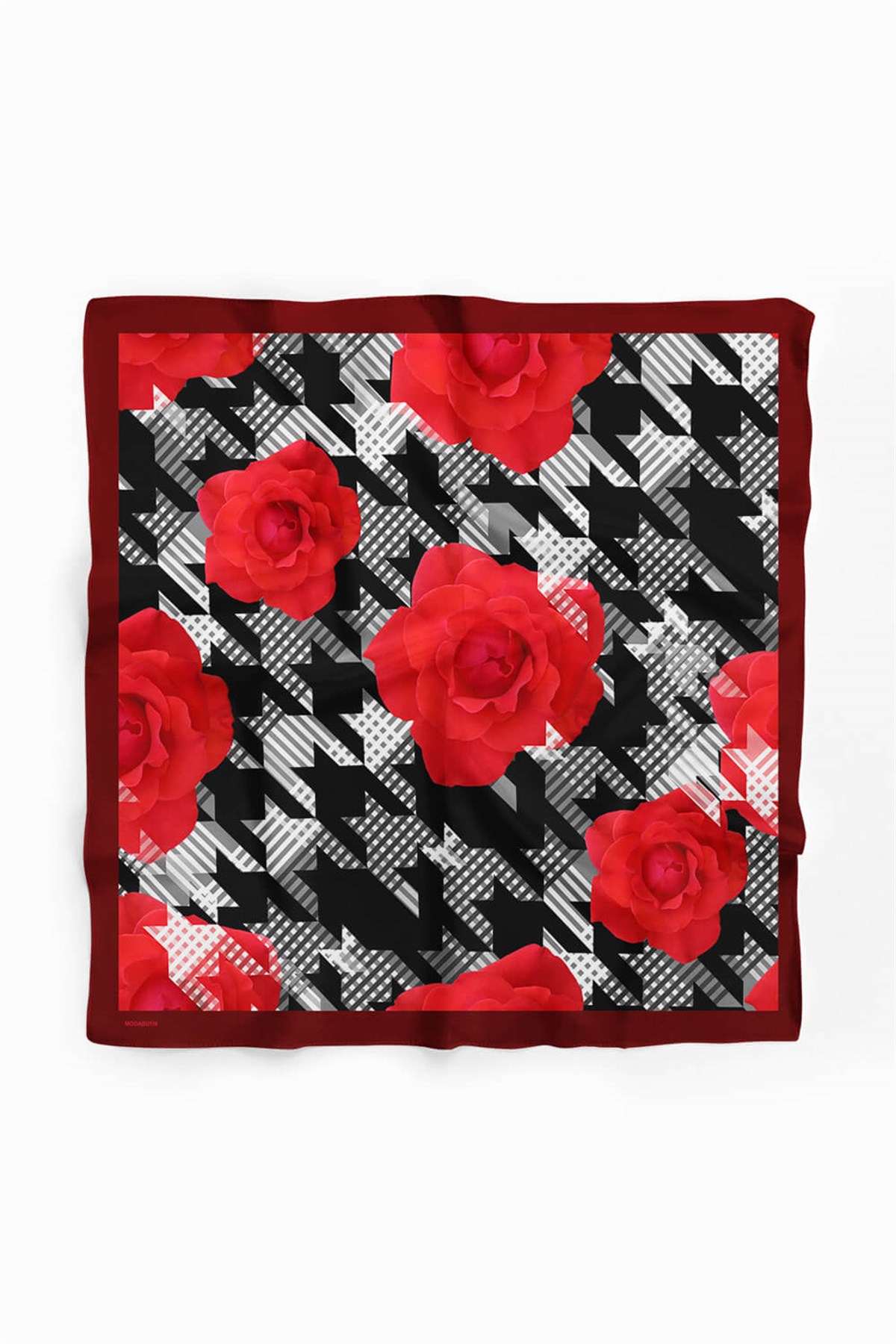 Violla V19 Kadın Gül Desenli Bandana 50x50 Kırmızı Siyah Beyaz DG0441-22