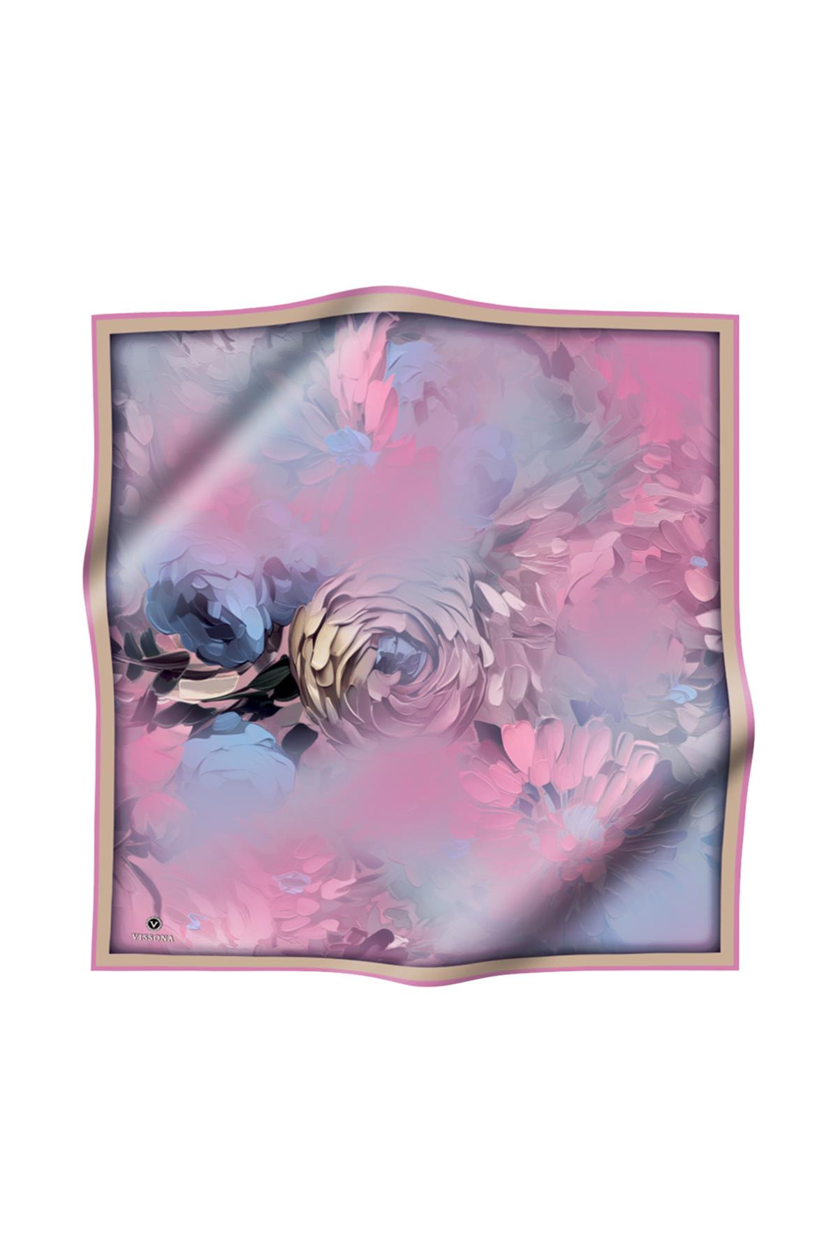 %100 Twill İpek Dumanlı Çiçek Desenli Pembe Renkli 90x90 Eşarp Kenar Dikiş Şekli El Dikişli