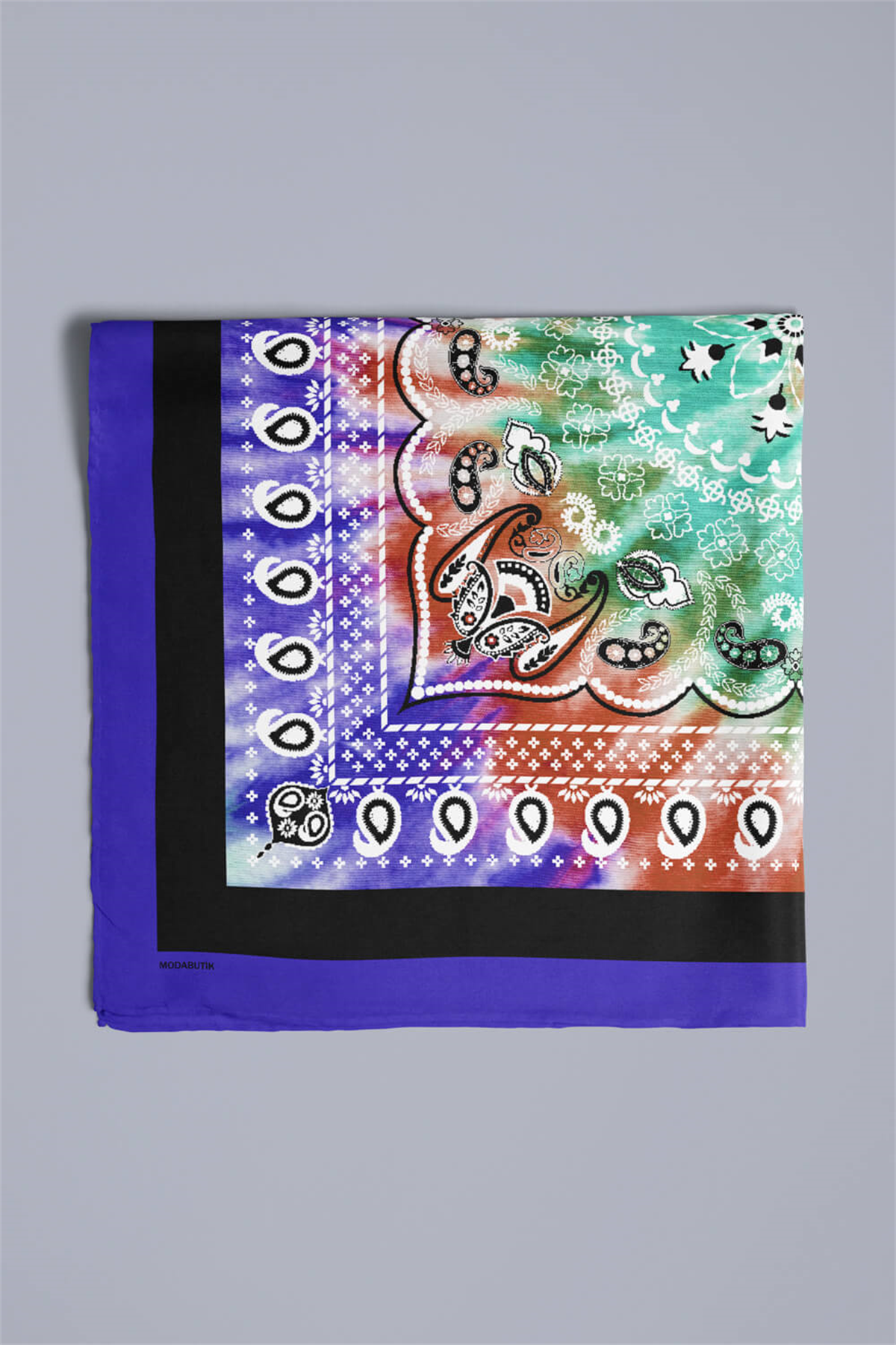 D11 Kadın Turkuaz Etnik Desenli 50x50 Bandana DG01573-22