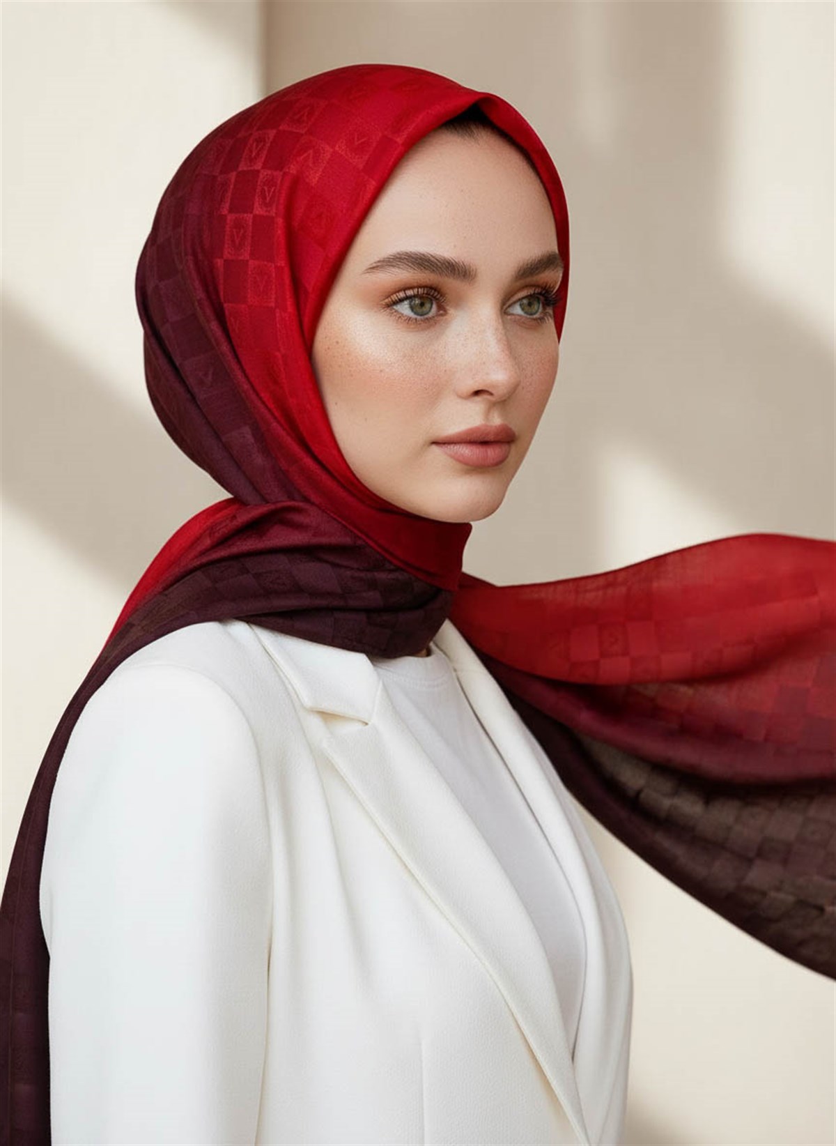 Vissona %57 İPEK %43 PAMUK Degrade Desenli Bordo Renkli Şal -  70x190 Dikiş Tipi İtalyan Dikişli