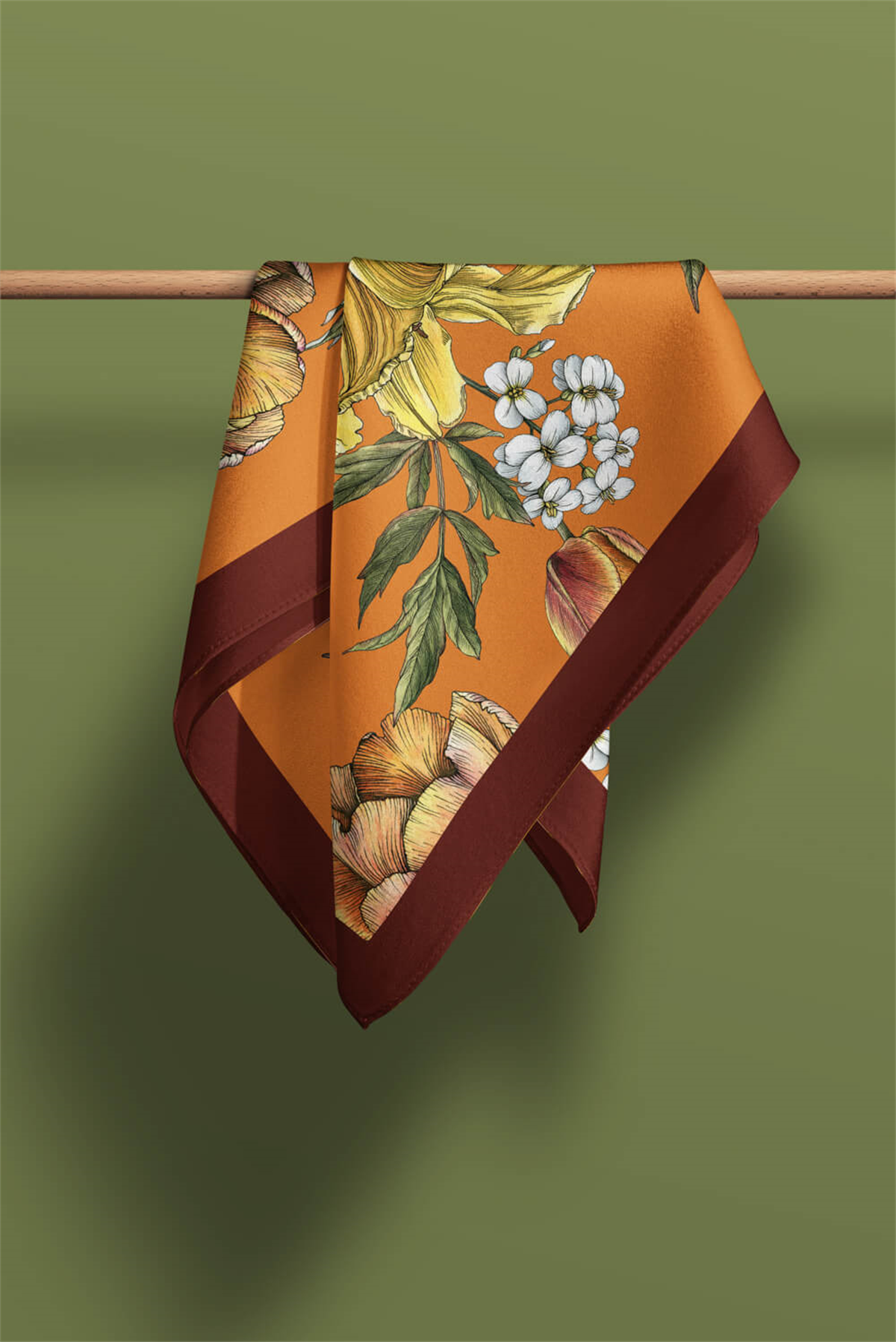 Kadın Çiçek Desenli Bandana 50x50 Turuncu Sarı Beyaz DG0477-22 Snz