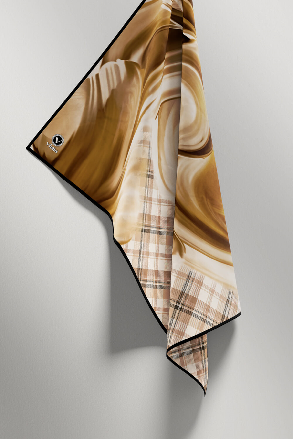 Twill Dalga ve Ekose Desenli Hardal Renkli 90x90 Eşarp (İpek İçermez)Kenar Dikiş Şekli El Dikişli