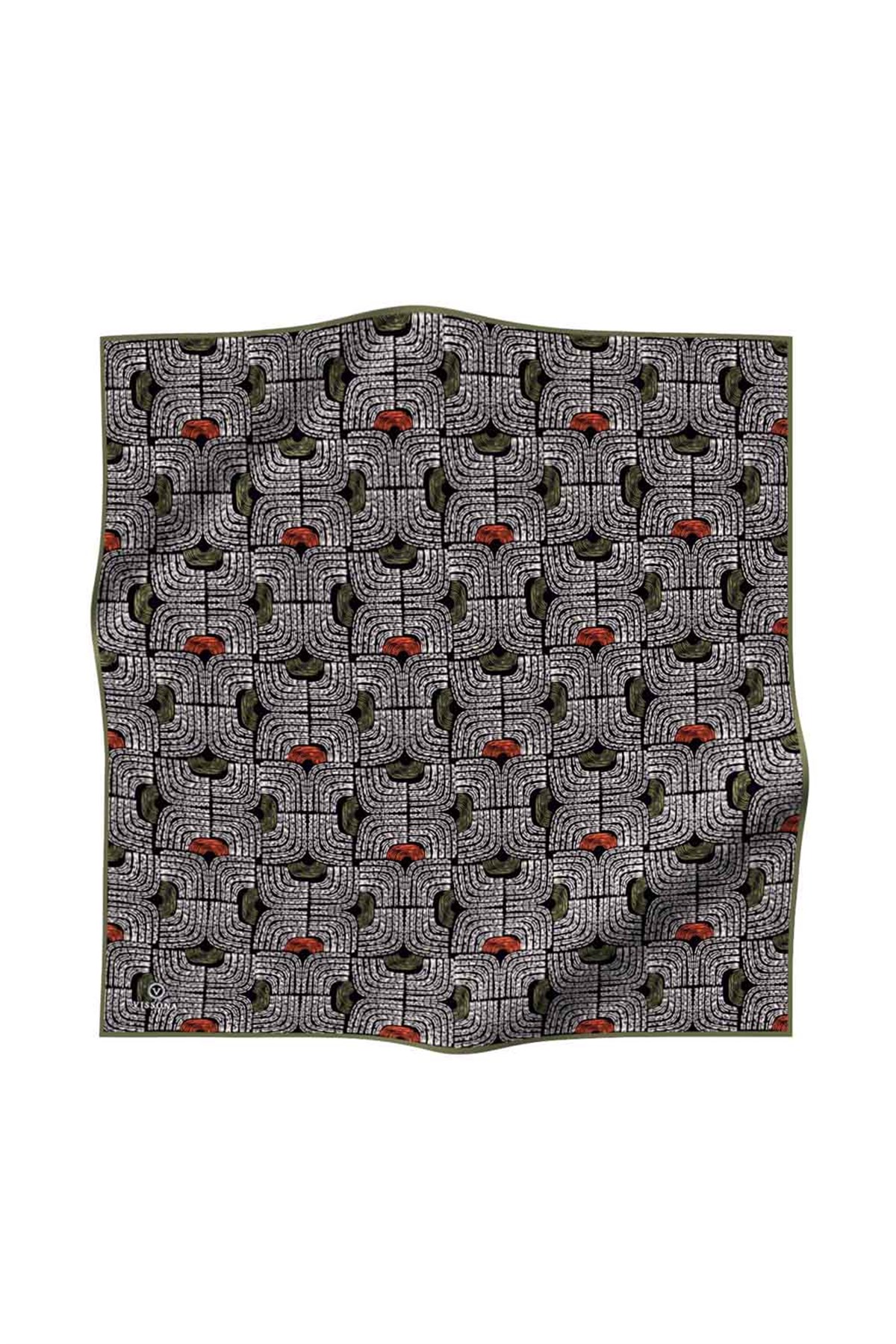 %100 Twill İpek Geometrik Desenli Taba - Haki Renkli 90x90 Eşarp Dikim Şekli : El Dikişi