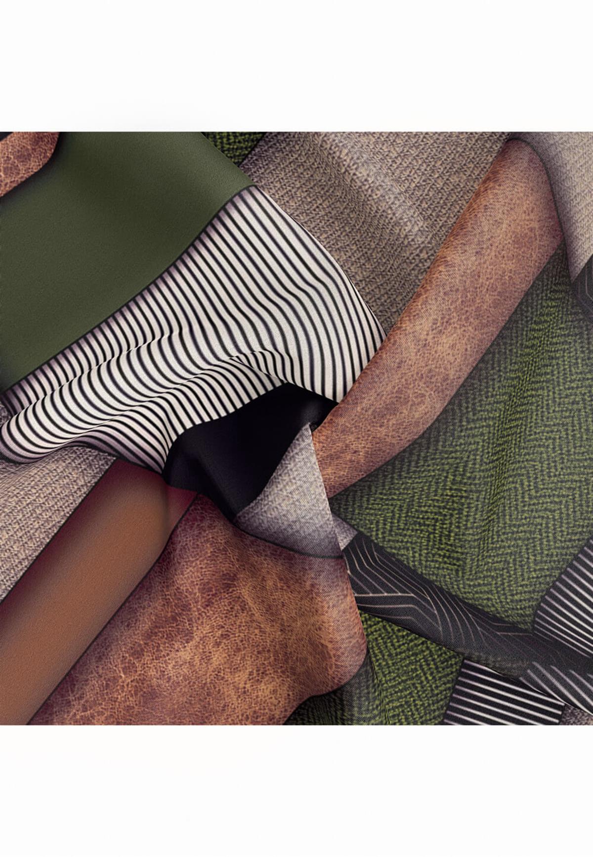 %100 Twill İpek Dokulu ve Geometrik Desenli Haki - Vizon Yeşili Renkli 90x90 Eşarp Dikim Şekli : El Dikişi