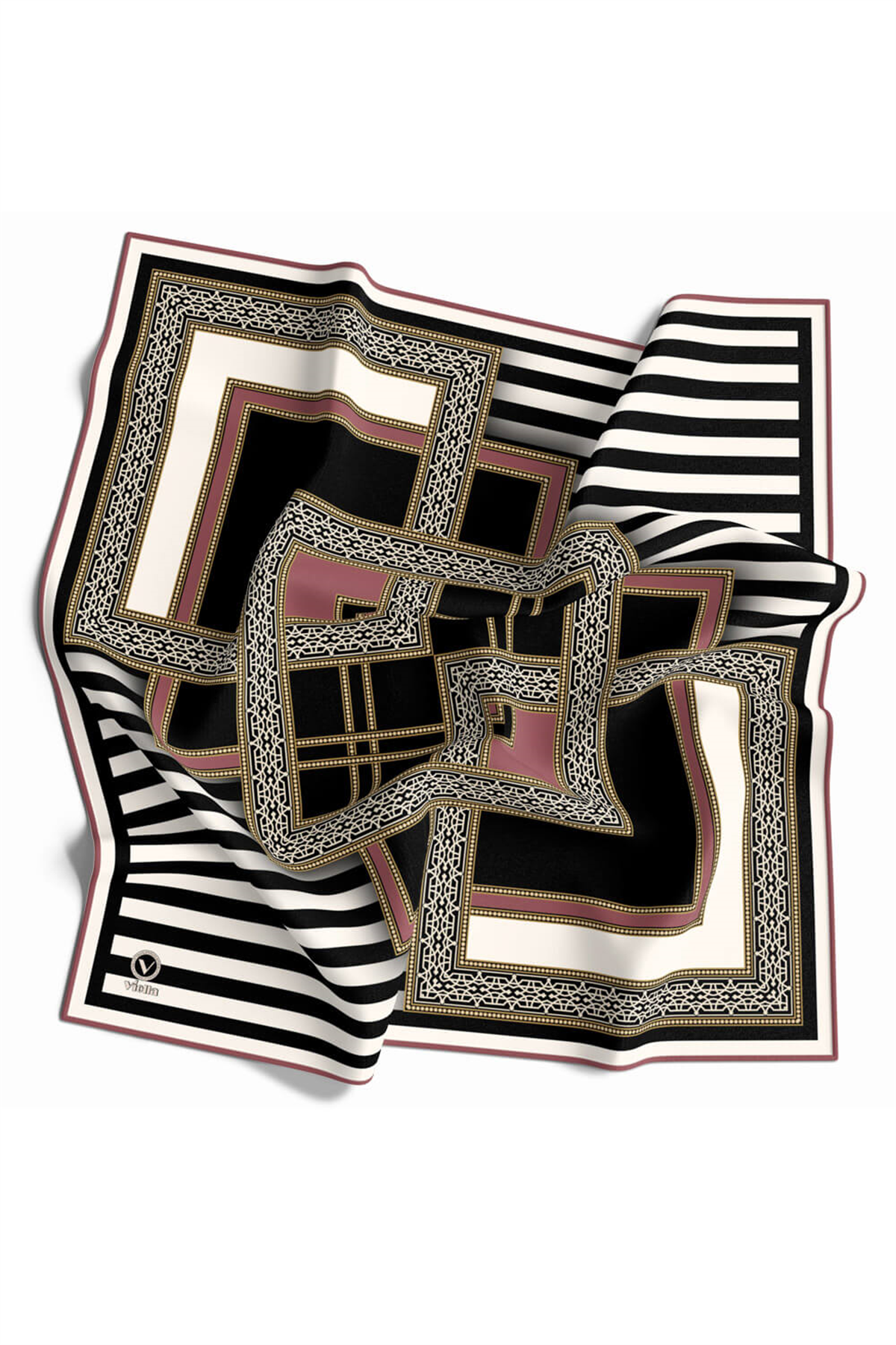 Twill Çizgili ve Kareli Desenli Gül Kurusu Renkli 90x90 Eşarp (İpek İçermez) Kenar Dikiş Şekli El Dikişli