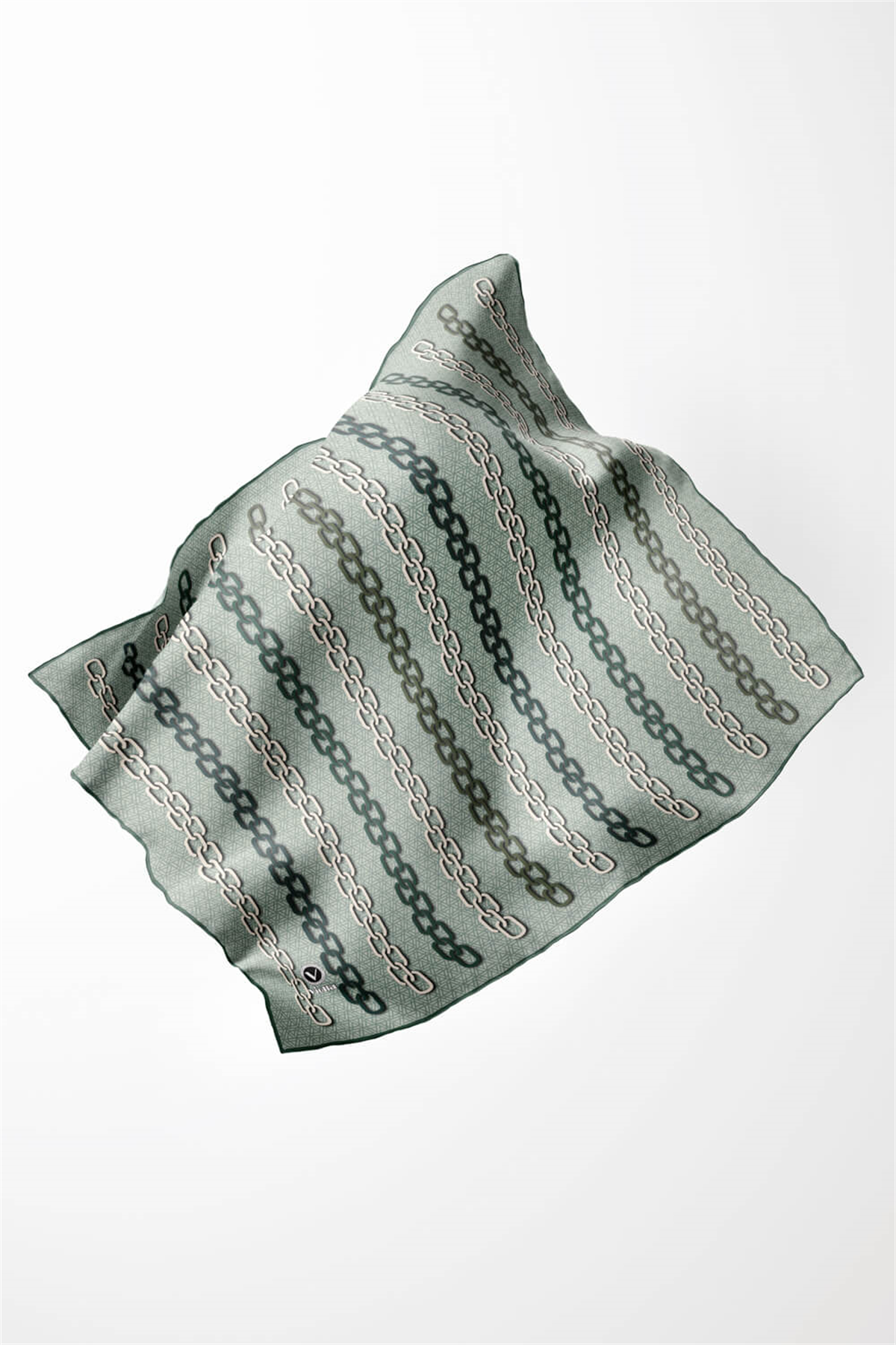 Twill Zincir Desenli Koyu Mint Yeşili Renkli 90x90 Eşarp (İpek İçermez) Kenar Dikiş Şekli El Dikişli