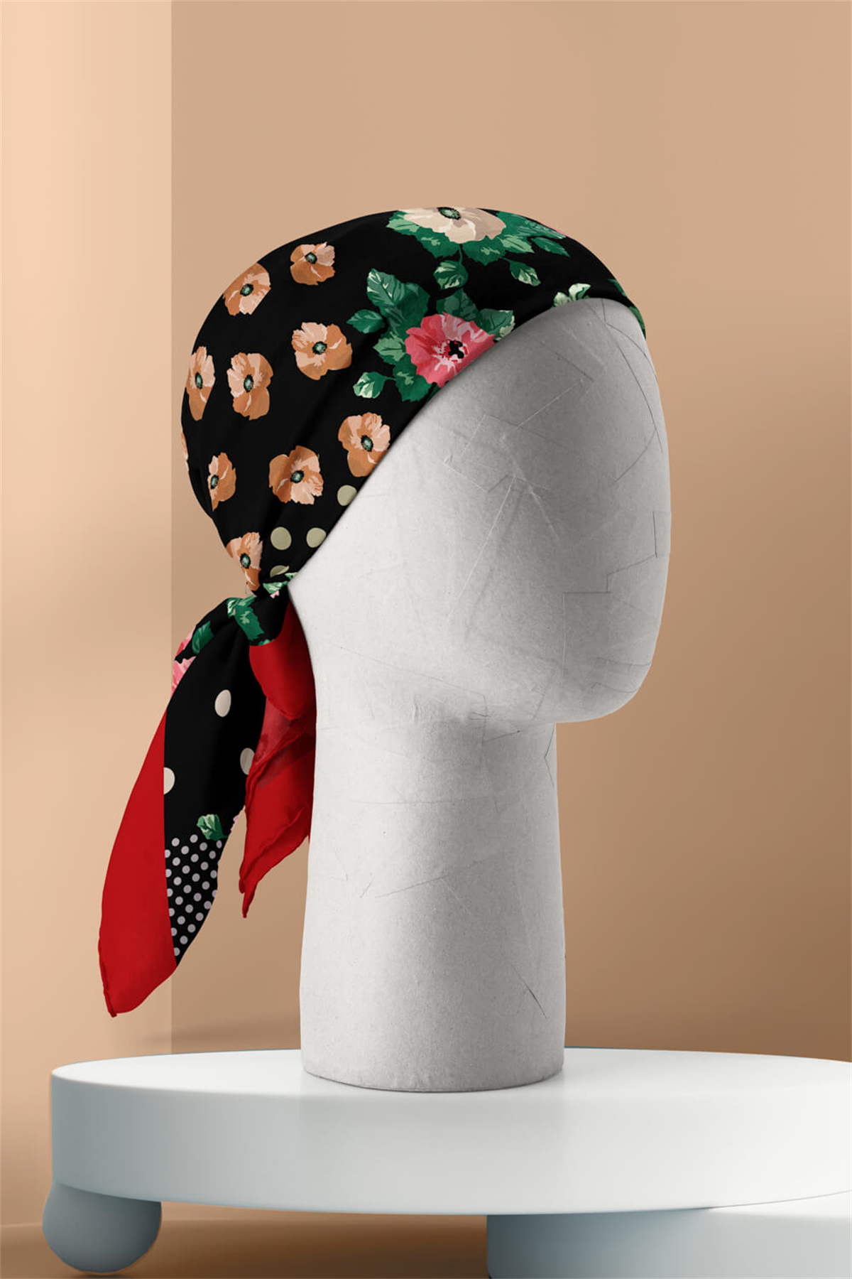 D107 Kadın Patchwork Desenli Bandana 50x50 Yeşil Pembe