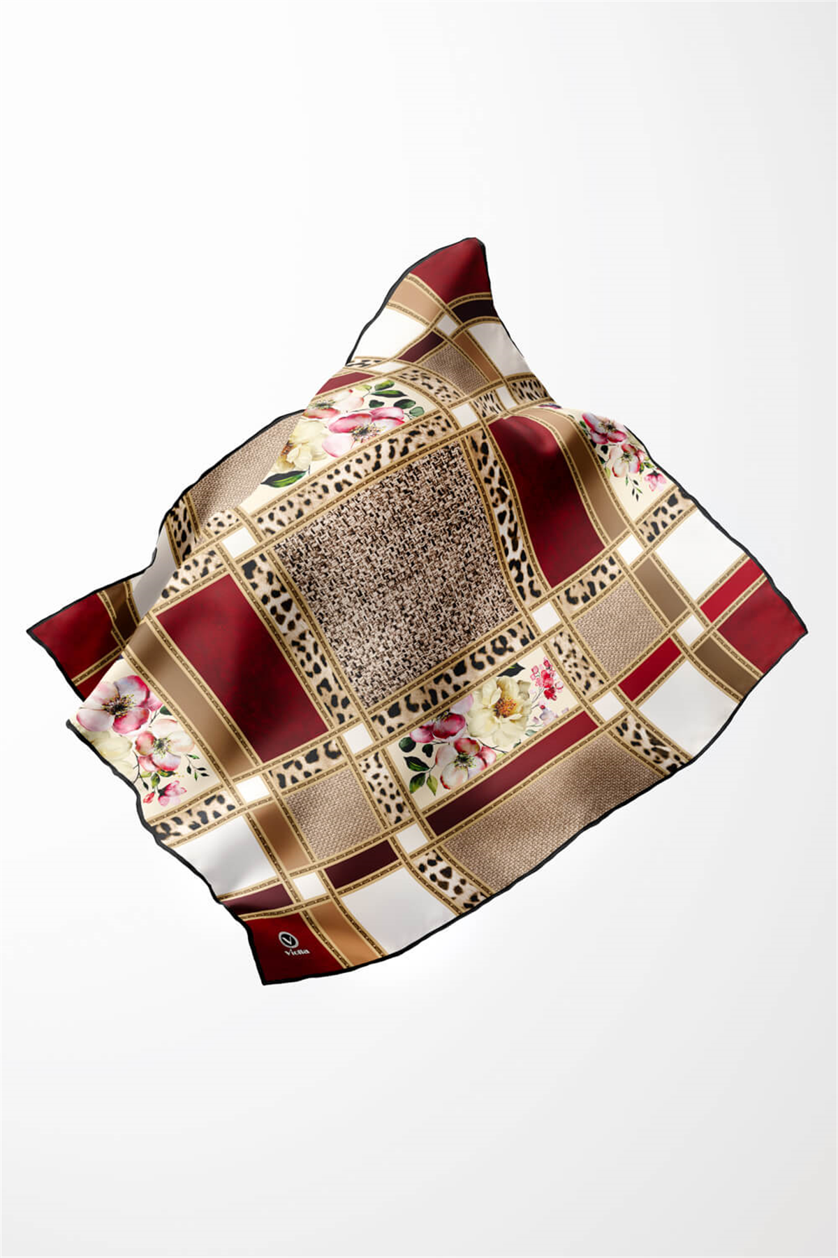 Twill Leopar ve Çiçek Desenli Bordo - Bej Renkli 90x90 Eşarp (İpek İçermez) Dikim Şekli : El Dikişi