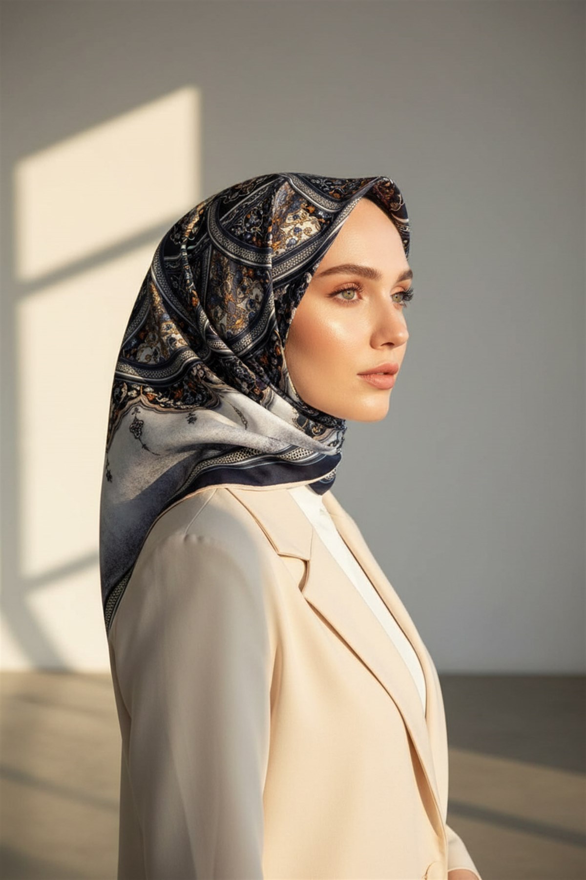 %100 Twill İpek Şal Desenli Gri - Lacivert Renkli 90x90 Eşarp Dikim Şekli : El Dikişi