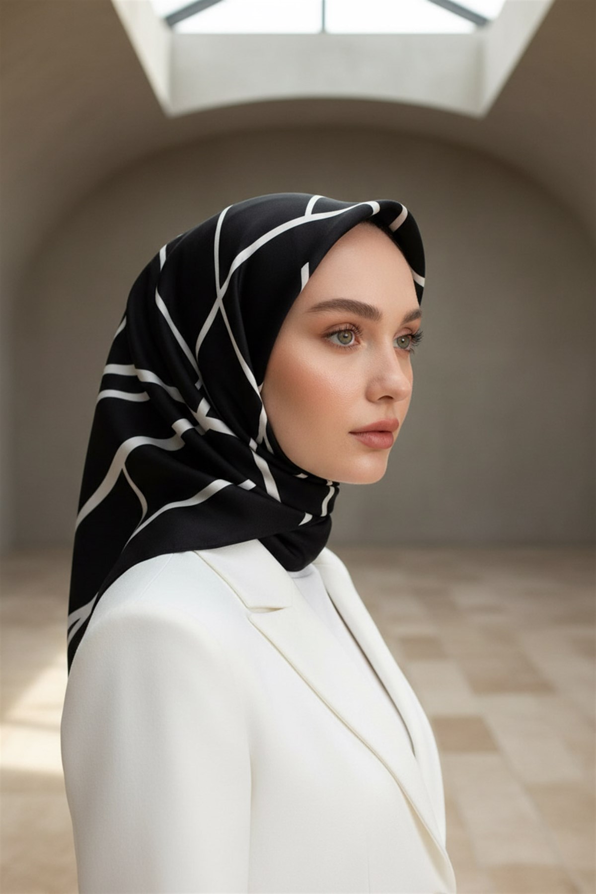 %57 İPEK %43 VİSKON Twill İpek Çizgili Desenli Siyah - Beyaz Renkli 90x90 Eşarp Dikim Şekli : El Dikişi