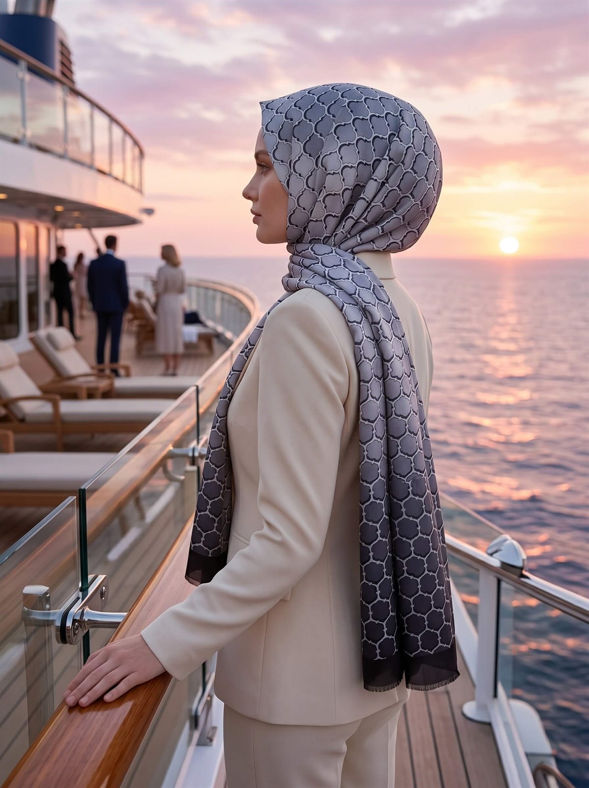 %100 İpek Petek Desenli Füme - Gümüş Renkli 92x210 Şal