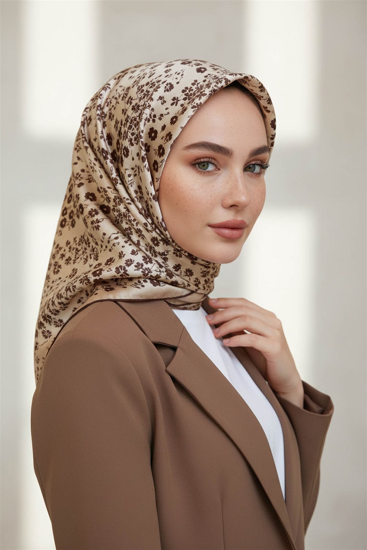 %100 Twill İpek Çıtır Çiçek Desenli Bej - Kahverengi Renkli 90x90 Eşarp Dikim Şekli : El Dikişi
