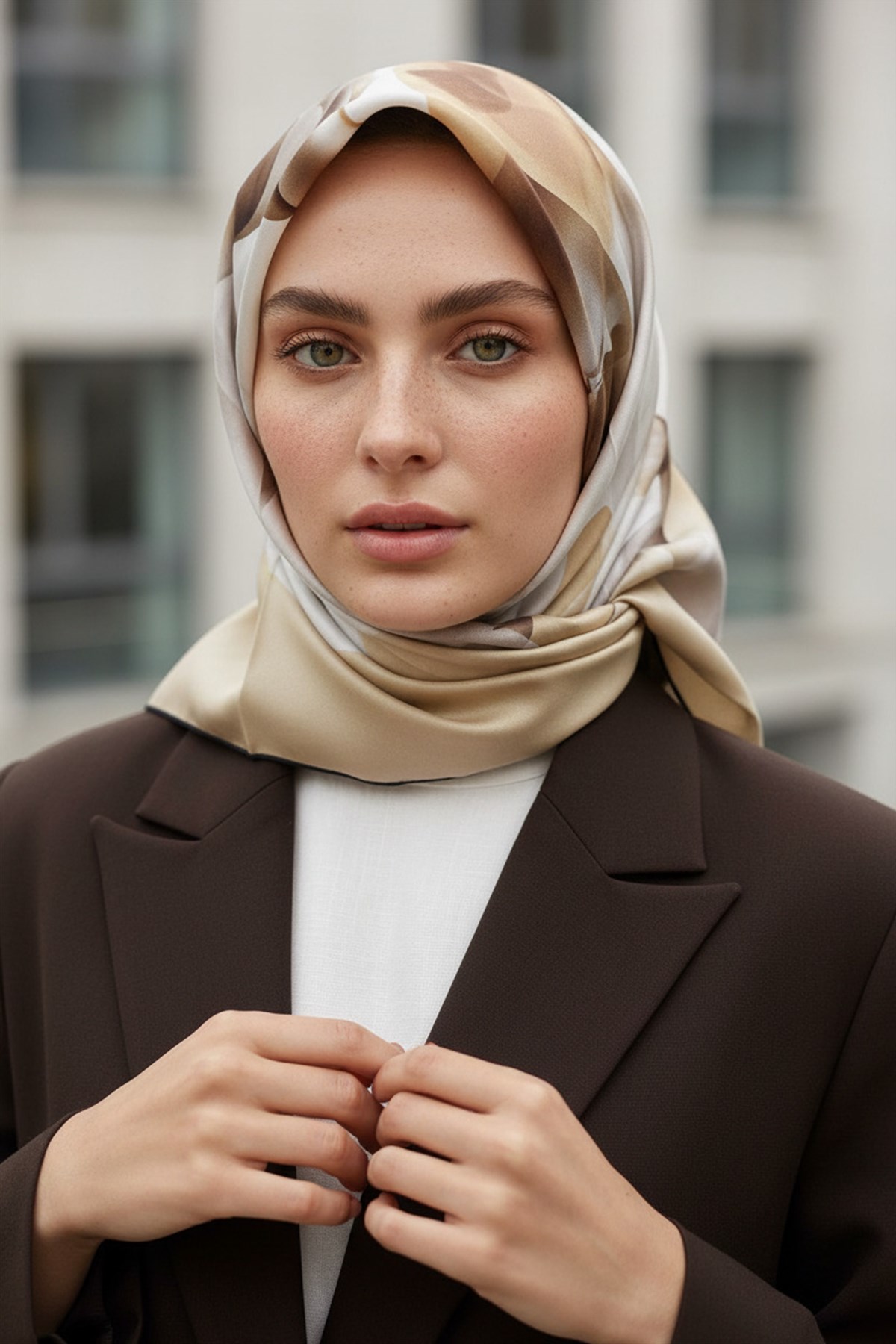 %100 Twill İpek Büyük Çiçek Desenli Sütlü Kahve - Vizon Renkli 90x90 Eşarp Dikim Şekli : El Dikişi