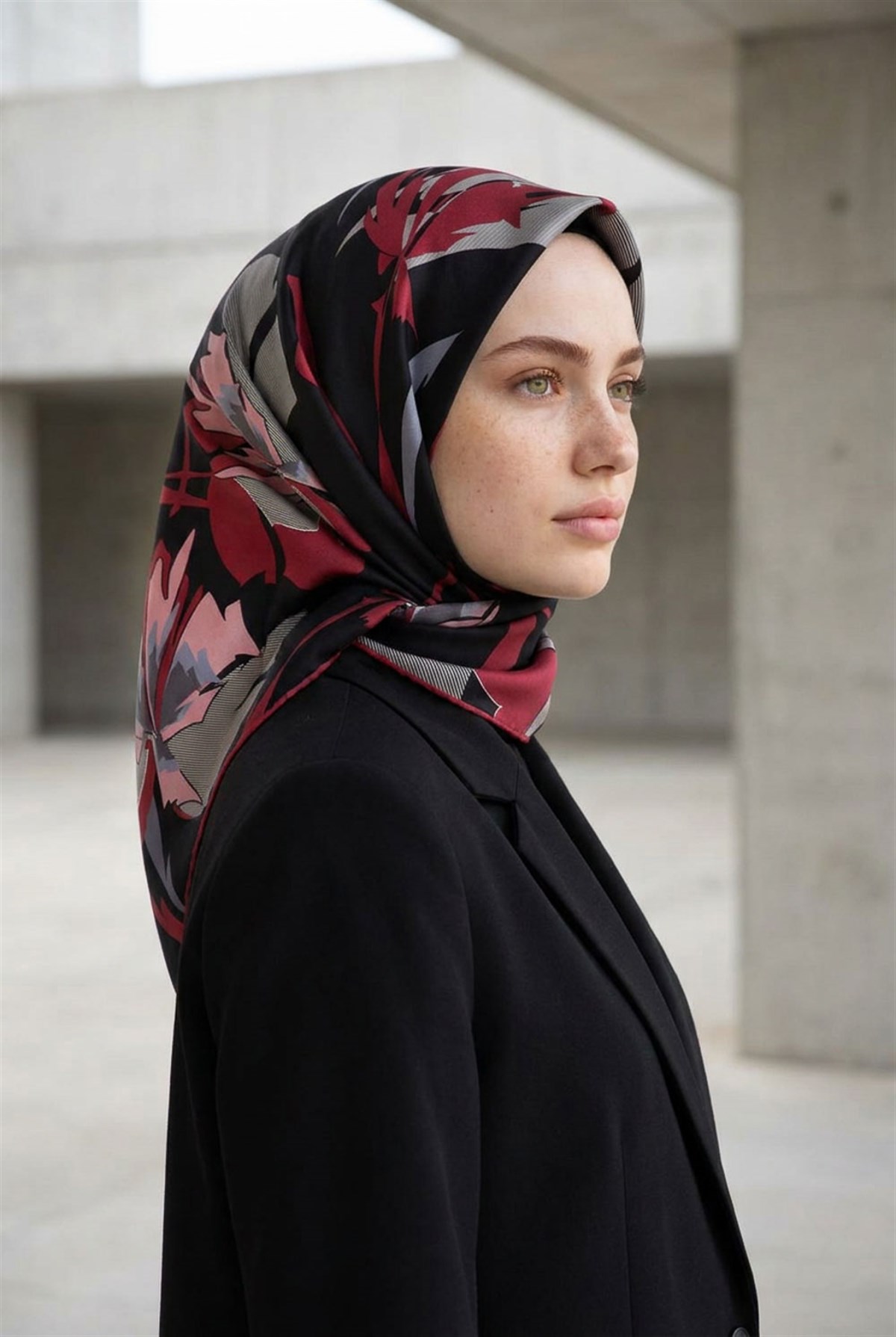 %100 Twill İpek Çiçek Desenli Siyah - Bordo Renkli 90x90 Eşarp Dikim Şekli : El Dikişi