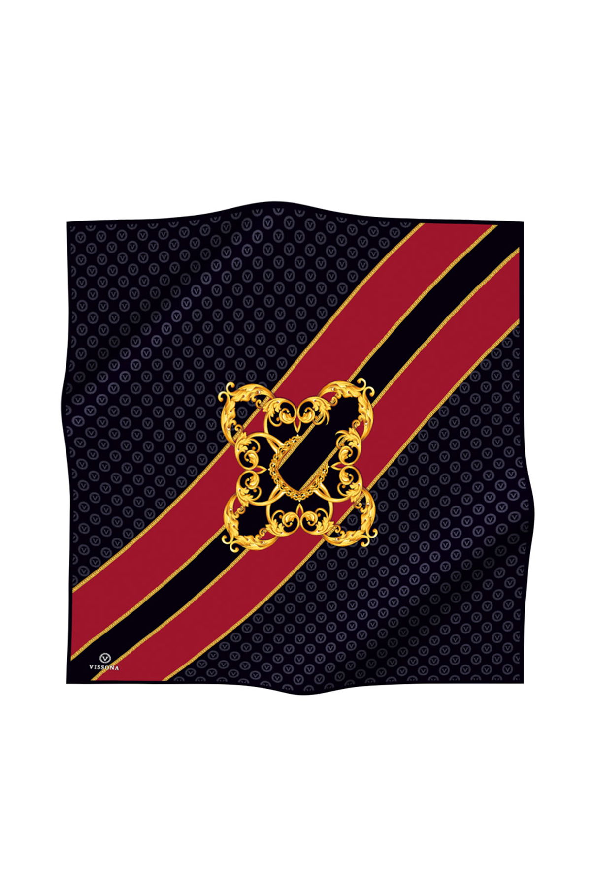 %100 Twill İpek Monogram Ve Barok Desenli Siyah - Bordo Renkli 90x90 Eşarp Dikim Şekli : El Dikişi