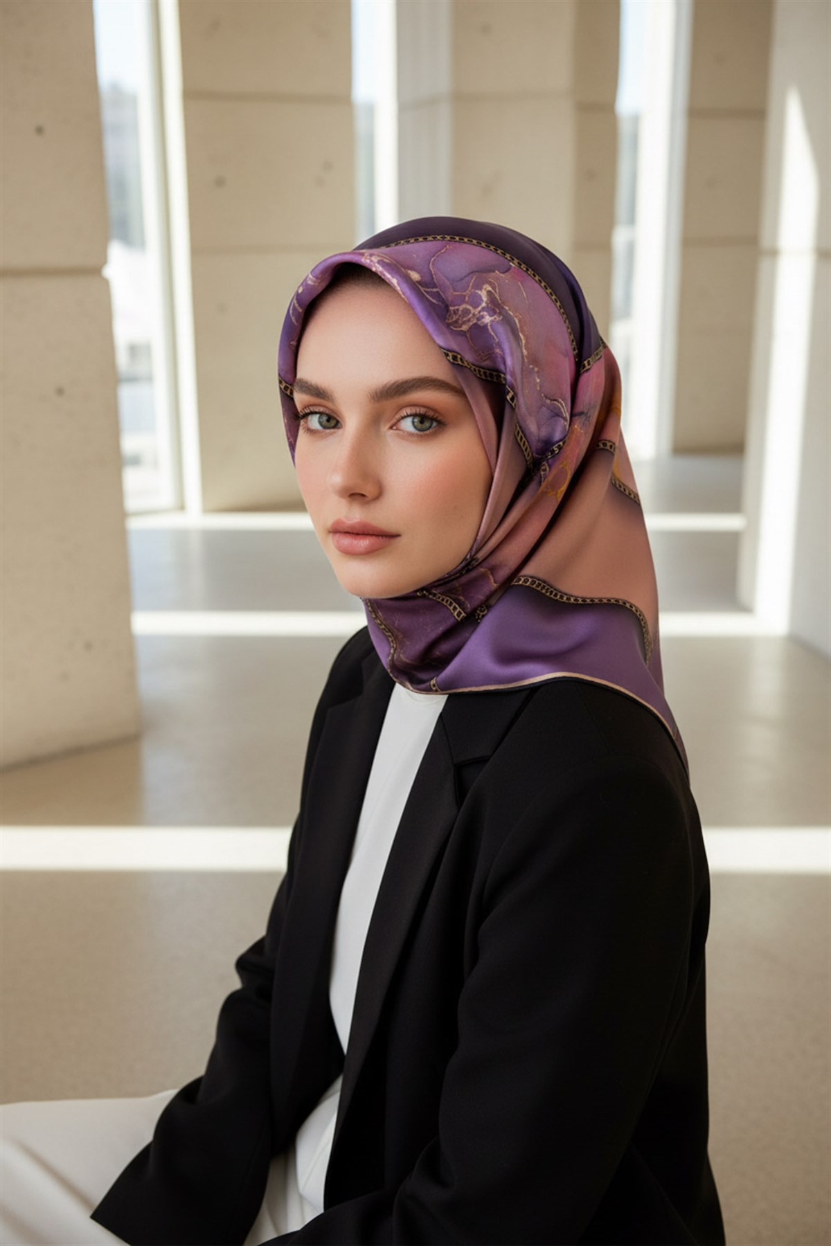 % 57 İPEK % 43 VİSKON Twill İpek Efektli Bant Desenli Mor - Pudra Renkli 90x90 Eşarp Dikim Şekli : El Dikişi