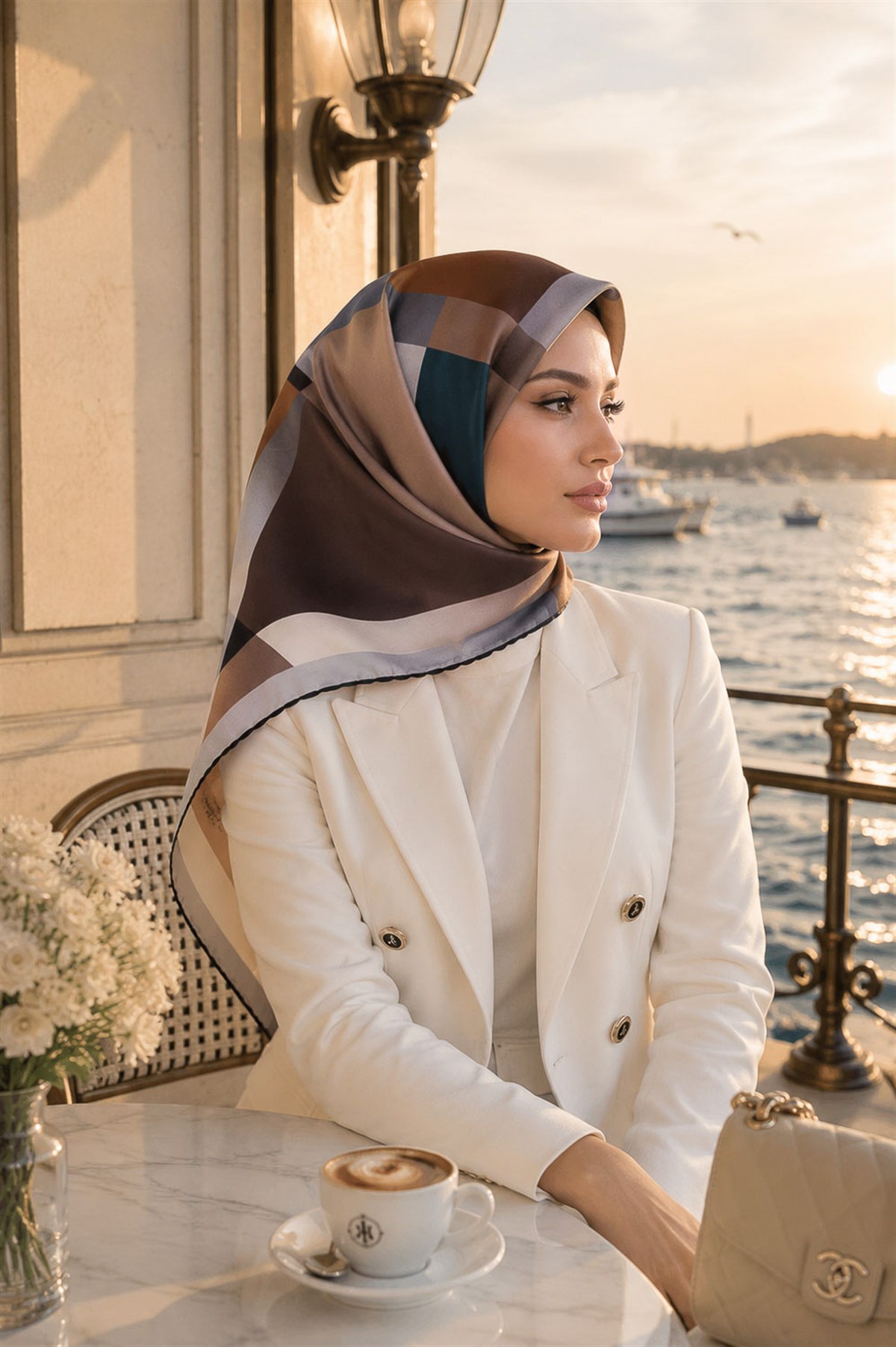 %100 Twill İpek Geometrik Desenli Petrol Mavisi - Gri Renkli 90x90 Eşarp Dikim Şekli : El Dikişi