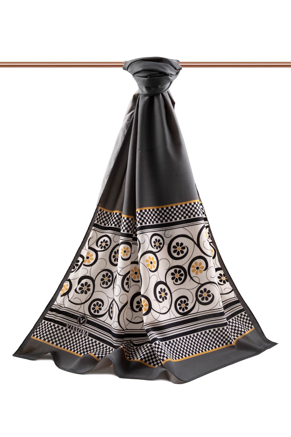 KREP KENAR MOTİFİ ÇİÇEK DESENLİ GRİ RENKLİ 75X195 KIRIŞMAZ ŞAL