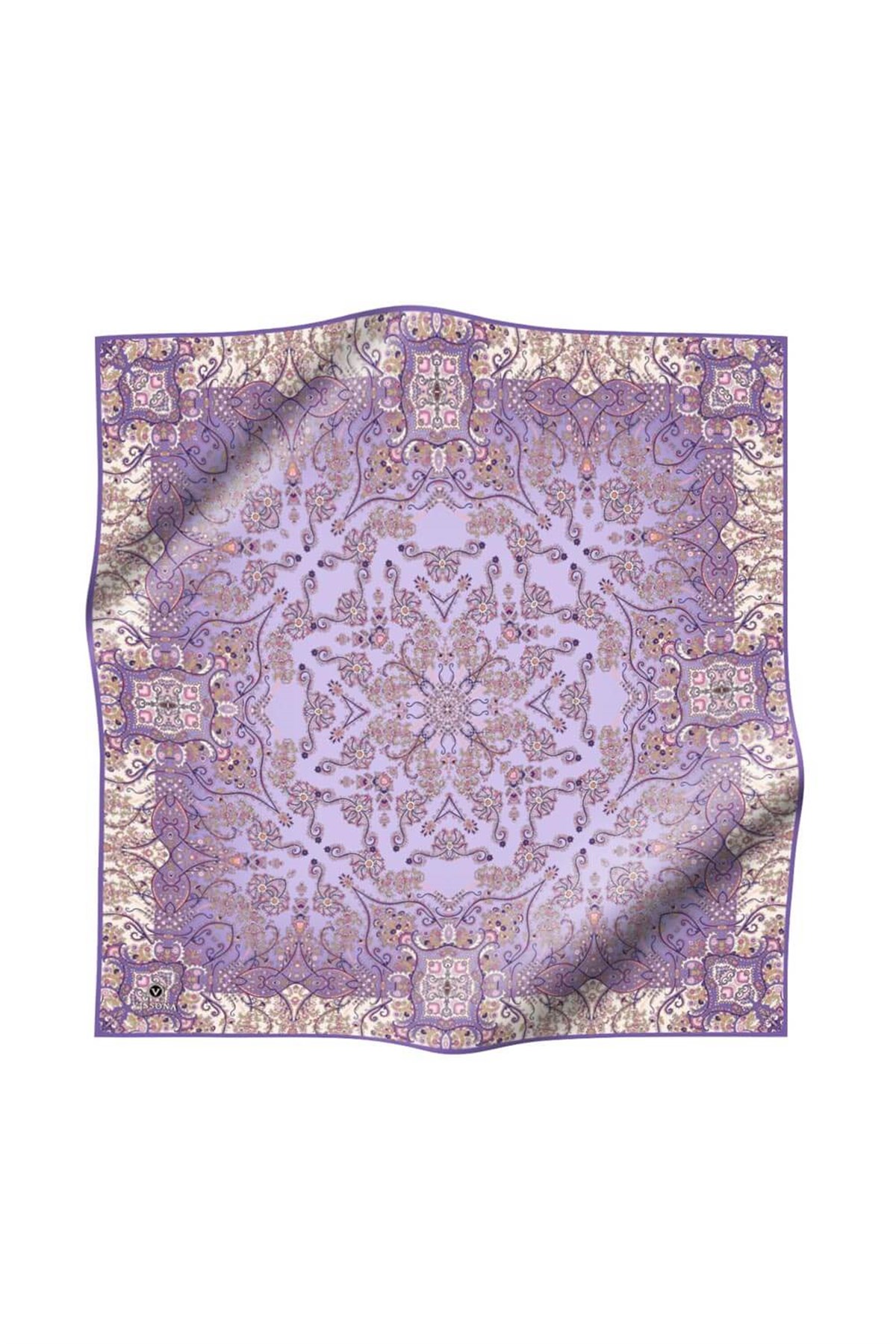 %100 Twill İpek Şal Desenli Lila Renkli 90x90 Eşarp Dikim Şekli : El Dikişi