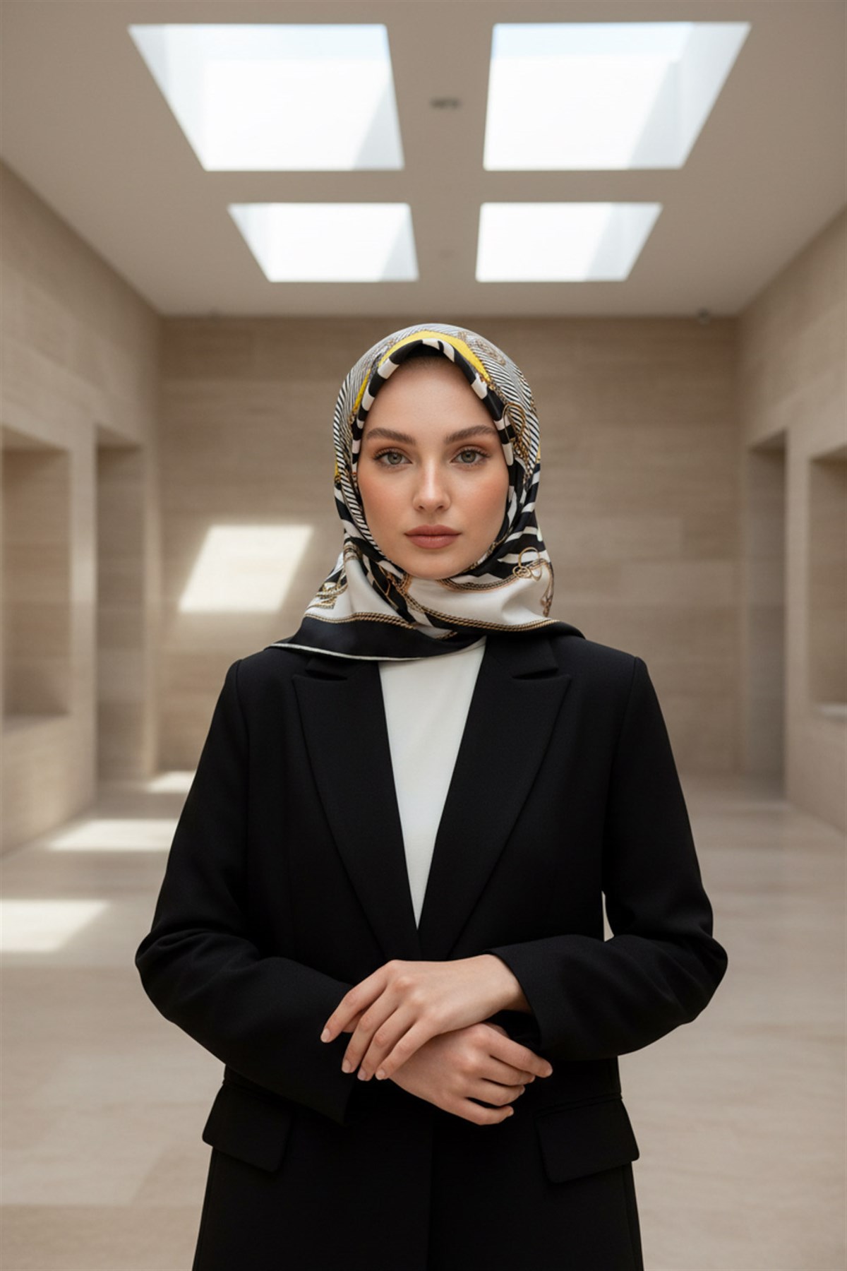 %100 Twill İpek Zincirli Ve Zebra Desenli Siyah - Limon Sarısı Renkli 90x90 Eşarp Dikim Şekli : El Dikişi