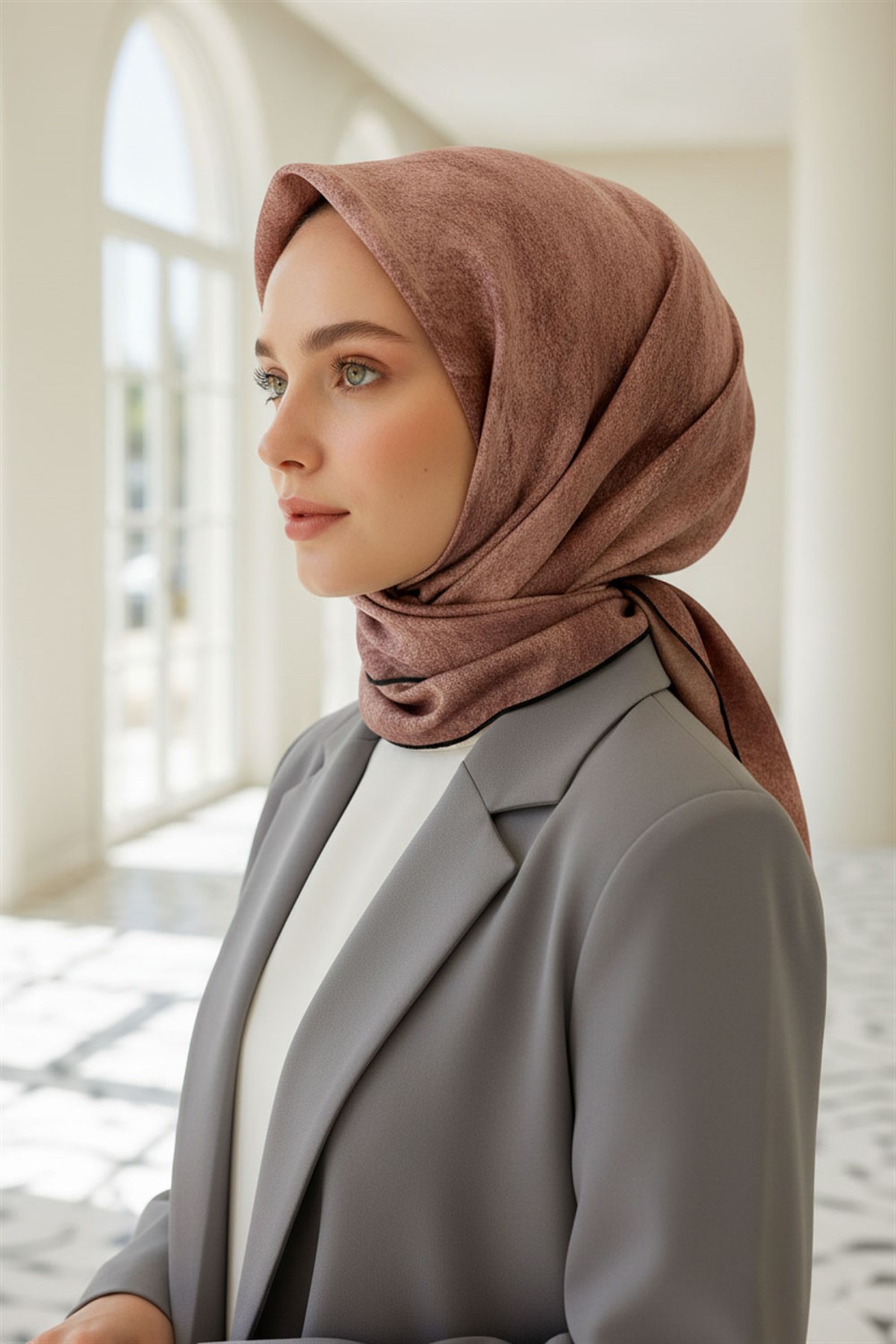 %100 Twill İpek Doku Desenli Pudra Renkli 90x90 Eşarp Dikim Şekli : El Dikişi