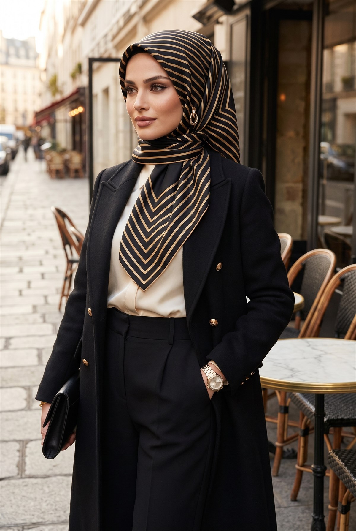 %100 Twill İpek Çizgili Desenli Siyah - Gold Renkli 90x90 Eşarp Dikim Şekli : El Dikişi
