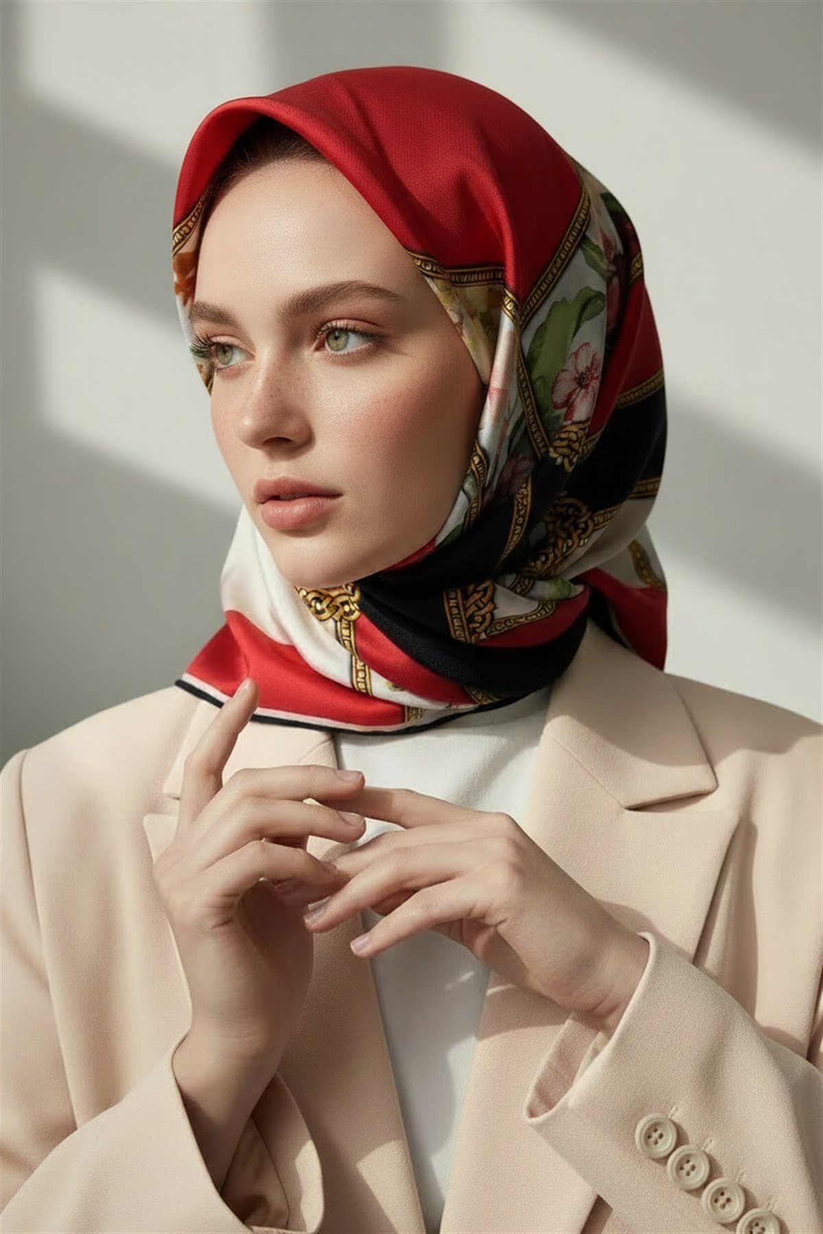 100% Twill İpek Şeritli Çiçek Desenli Kırmızı - Krem Renkli 90x90 Dikim Şekli : El Dikişi Eşarp