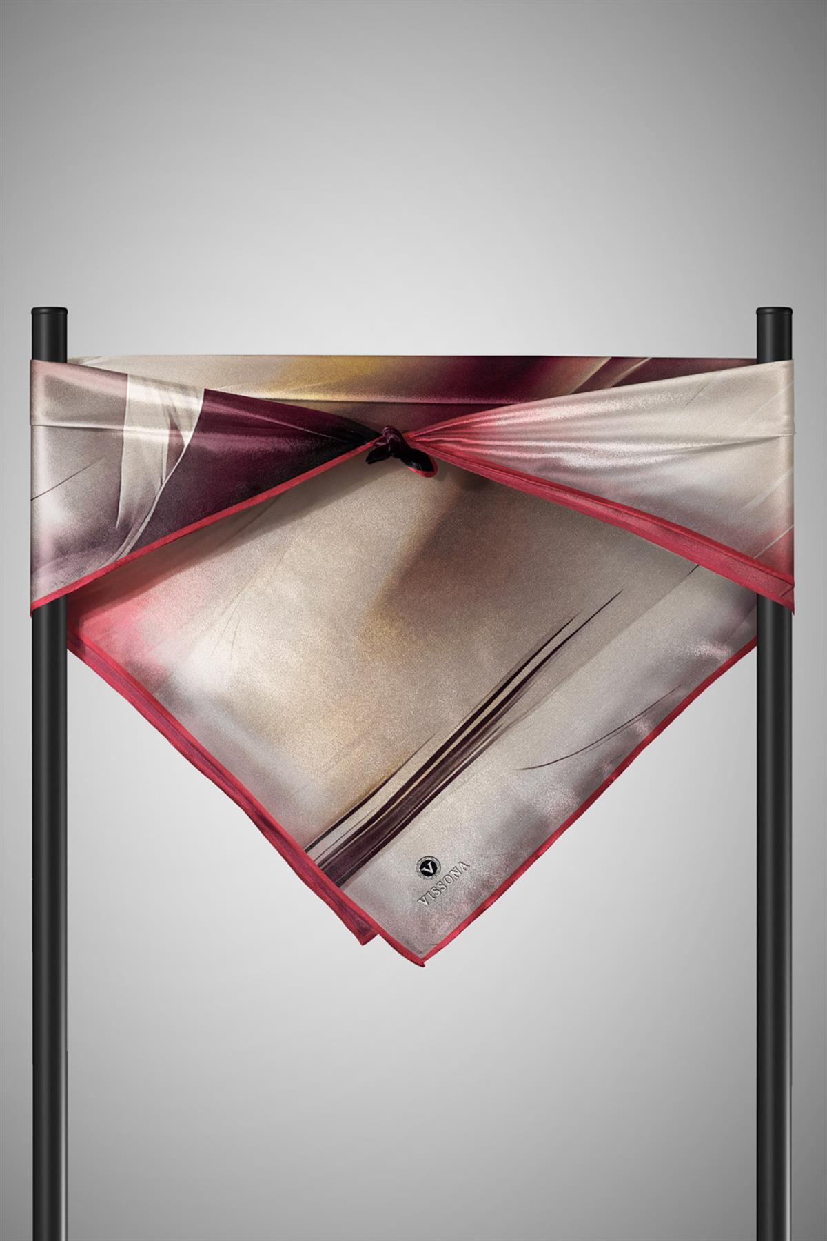 %100 Twill İpek Duman Desenli Hardal - Bordo Renkli 90x90 Eşarp Dikim Şekli : El Dikişi