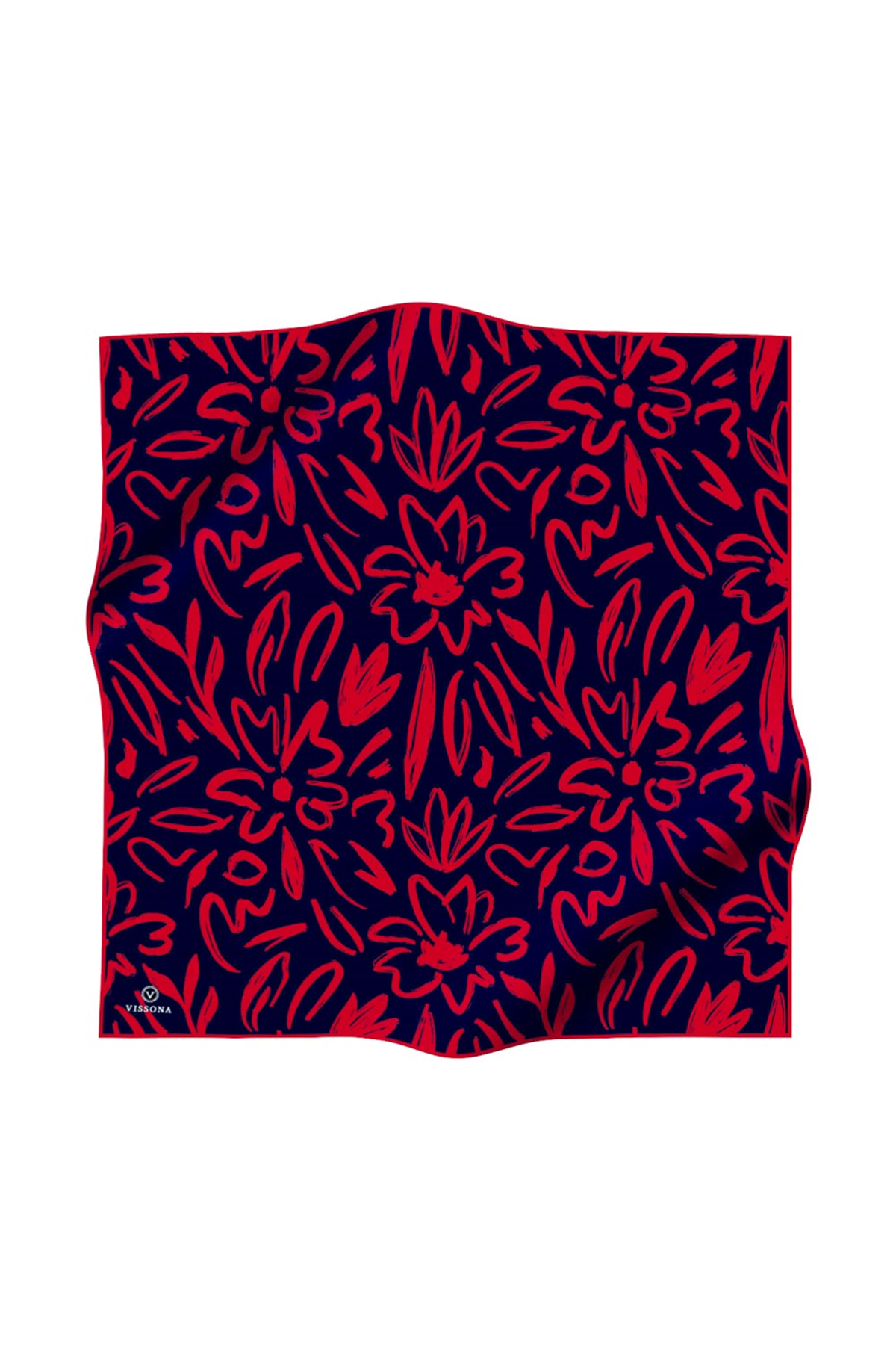 % 57 İPEK % 43 VİSKON Twill İpek Büyük Çiçek Desenli Lacivert - Kırmızı Renkli 90x90 Eşarp Dikim Şekli : El Dikişi