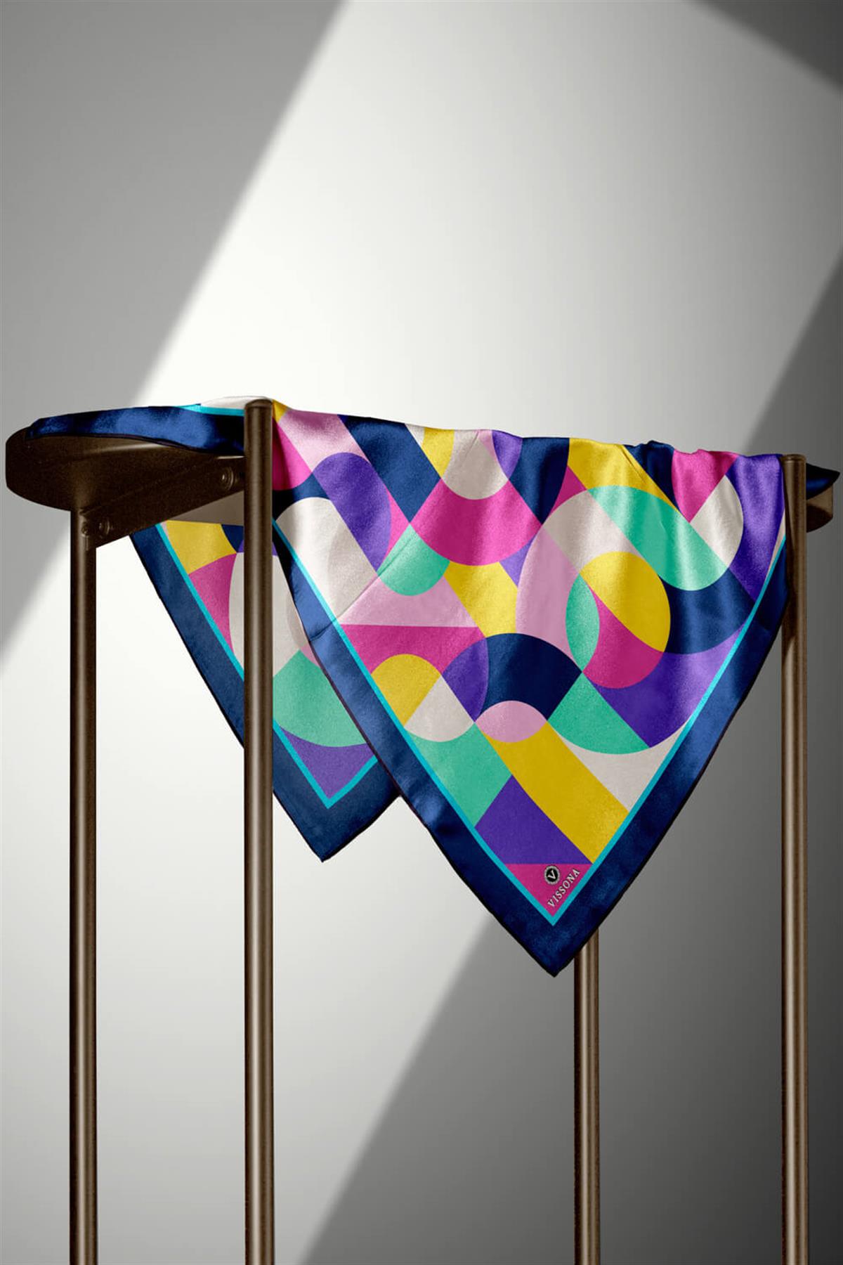 %100 Twill Renk Bloklu Çizgili Desenli Pembe - Lacivert Renkli 90x90 Eşarp Dikim Şekli: El Dikişii