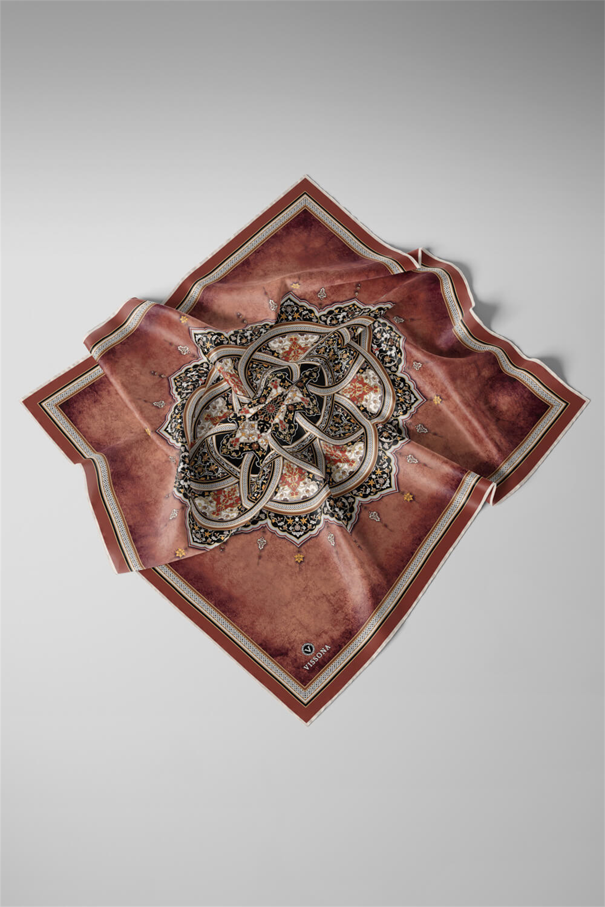 % 57 İPEK % 43 VİSKON Twill İpek Şal Desenli Taba - Siyah Renkli 90x90 Eşarp Dikim Şekli : El Dikişi