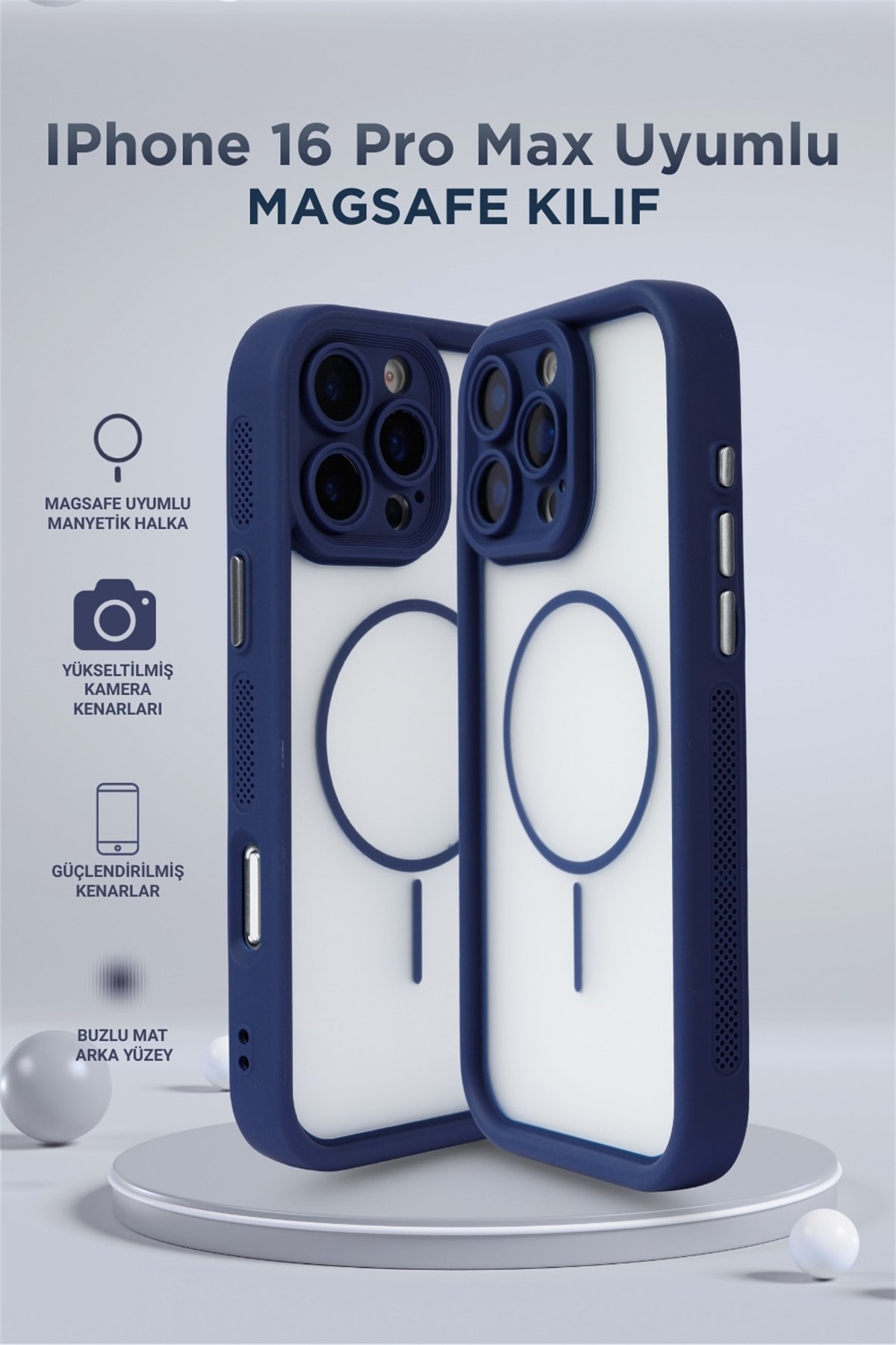 iPhone 16 Pro Max Kılıf – Kamera Korumalı – MagSafe Uyumlu – Lacivert Renk – Mat Silikon Telefon Kılıfı