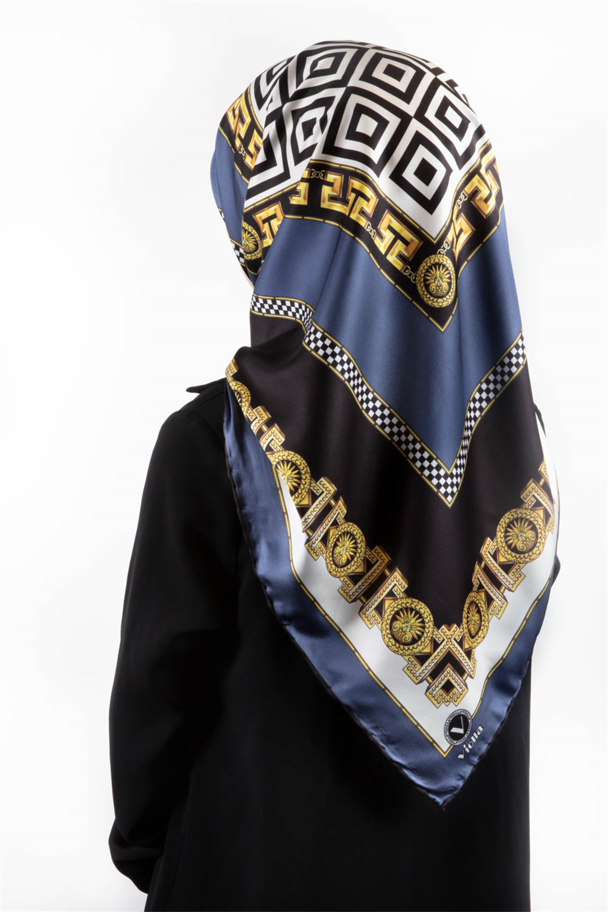 Twill Çizgili Barok Desenli İndigo Renkli 90x90 Eşarp (İpek İçermez)