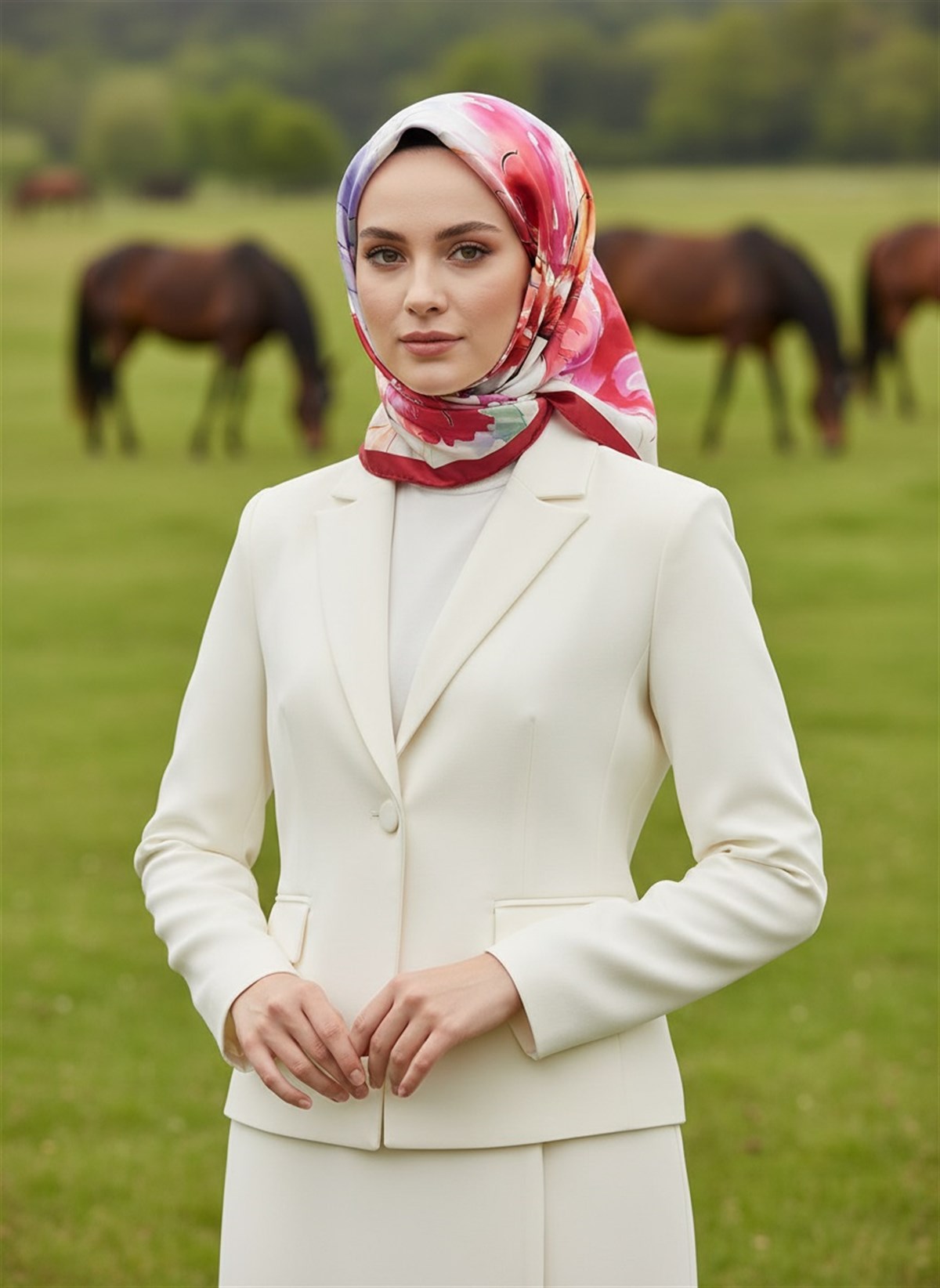 %100 Twill İpek Sulu Boya Çiçek Desenli Kırmızı - Fuşya Renkli 90x90 Eşarp Dikim Şekli : El Dikişi