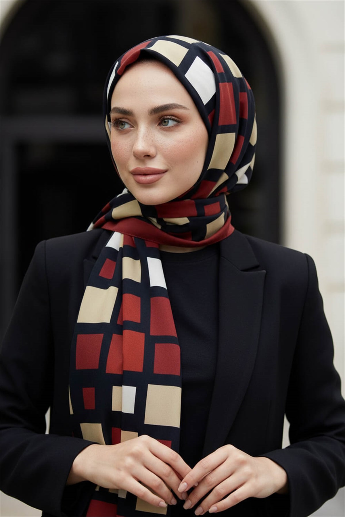 KREP KARE DESENLİ BORDO RENKLİ 75X195 KIRIŞMAZ ŞAL