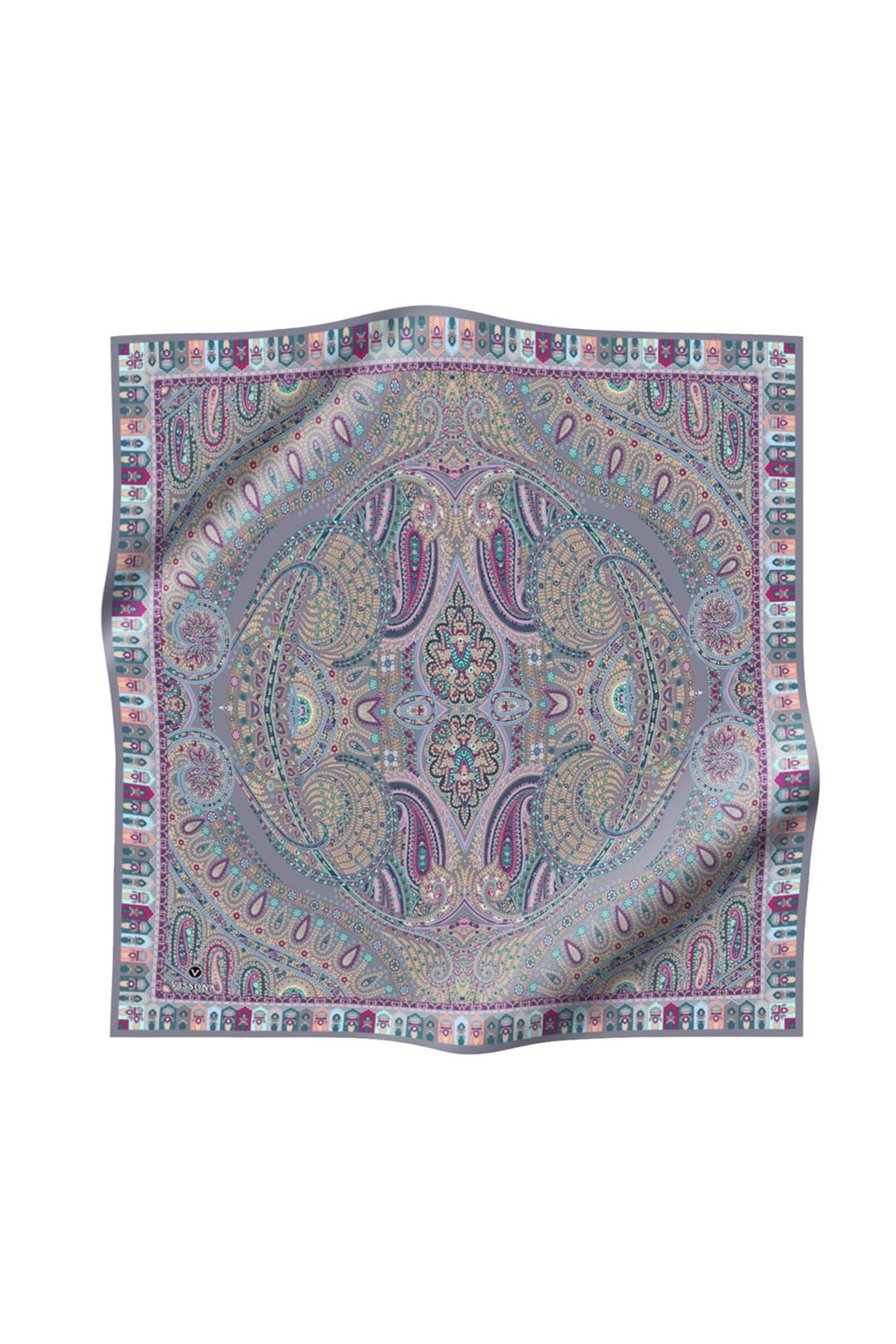 %100 Twill İpek Etro Desenli Gri Renkli 90x90 Eşarp Dikim Şekli : El Dikişi