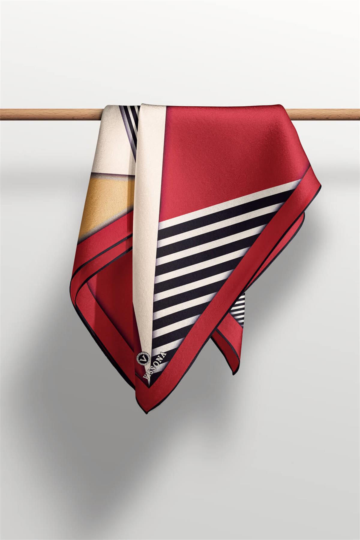 %100 Twill İpek Çizgili ve Geometrik Desenli Bordo - Vizon Renkli 90x90 Eşarp Dikim Şekli : El Dikişi