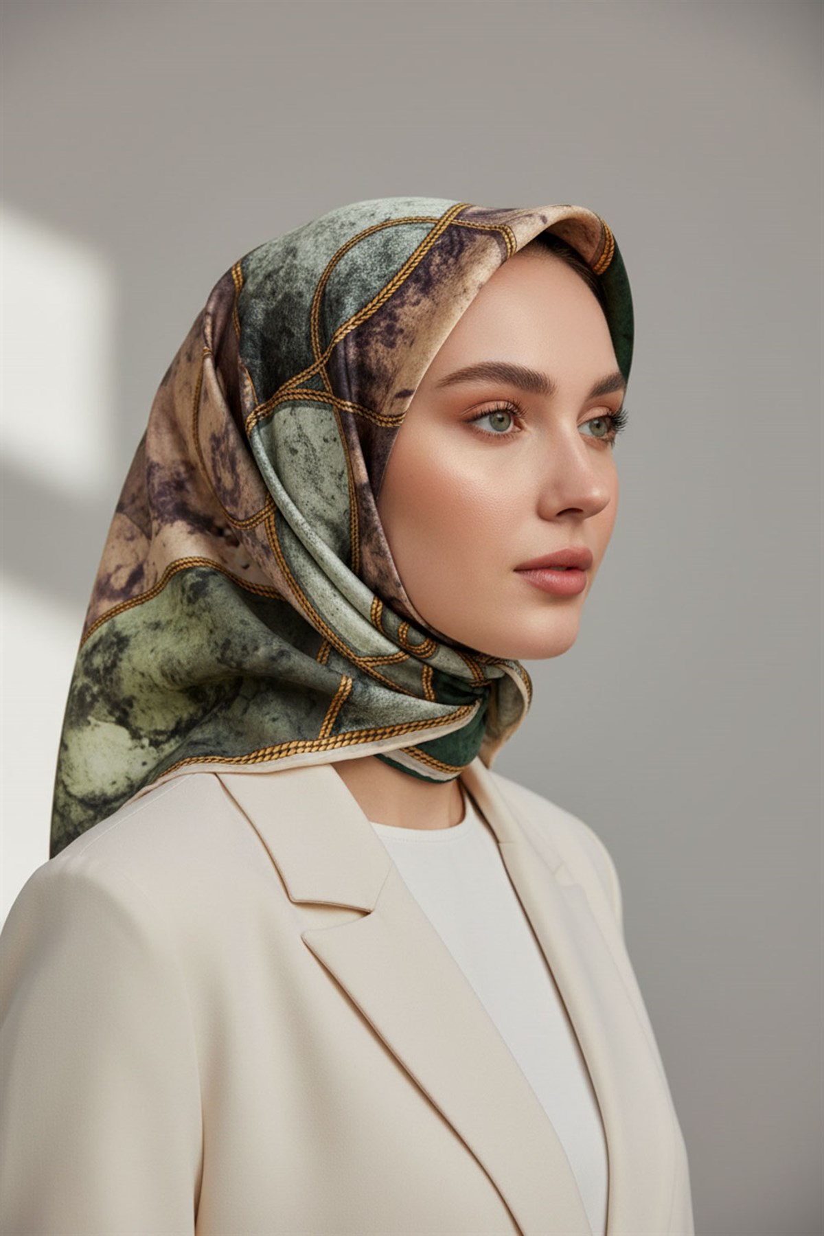 % 57 İPEK % 43 VİSKON Twill İpek Zincirli Mermer Desenli Zümrüt Yeşili - Haki Renkli 90x90 Eşarp Dikim Şekli : El Dikişi